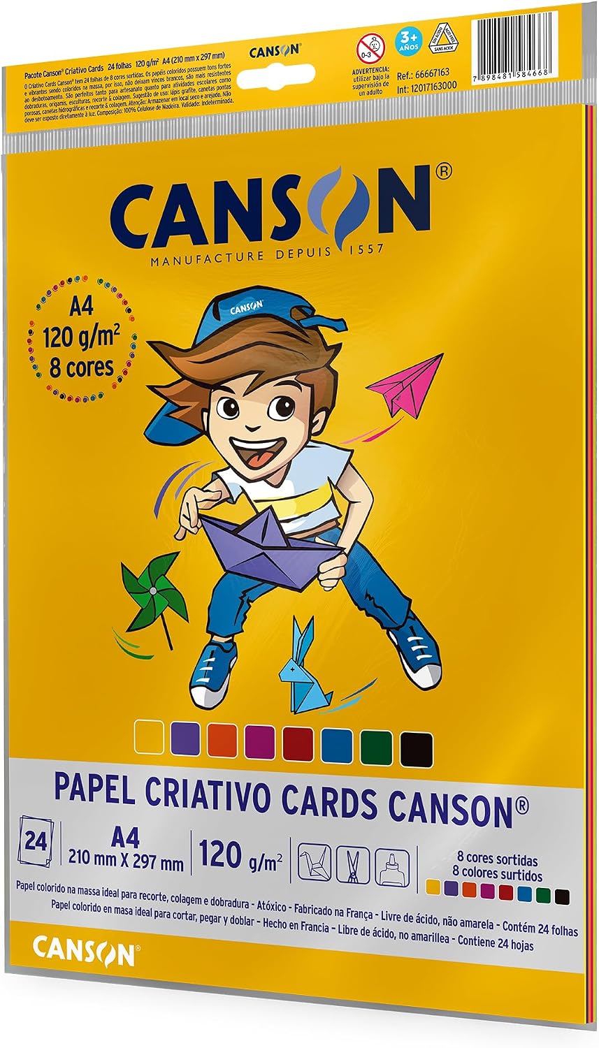 Papel Colorido A4 120g/m², Canson, 66667163, Criativo Cards, 8 Cores, 24 Folhas