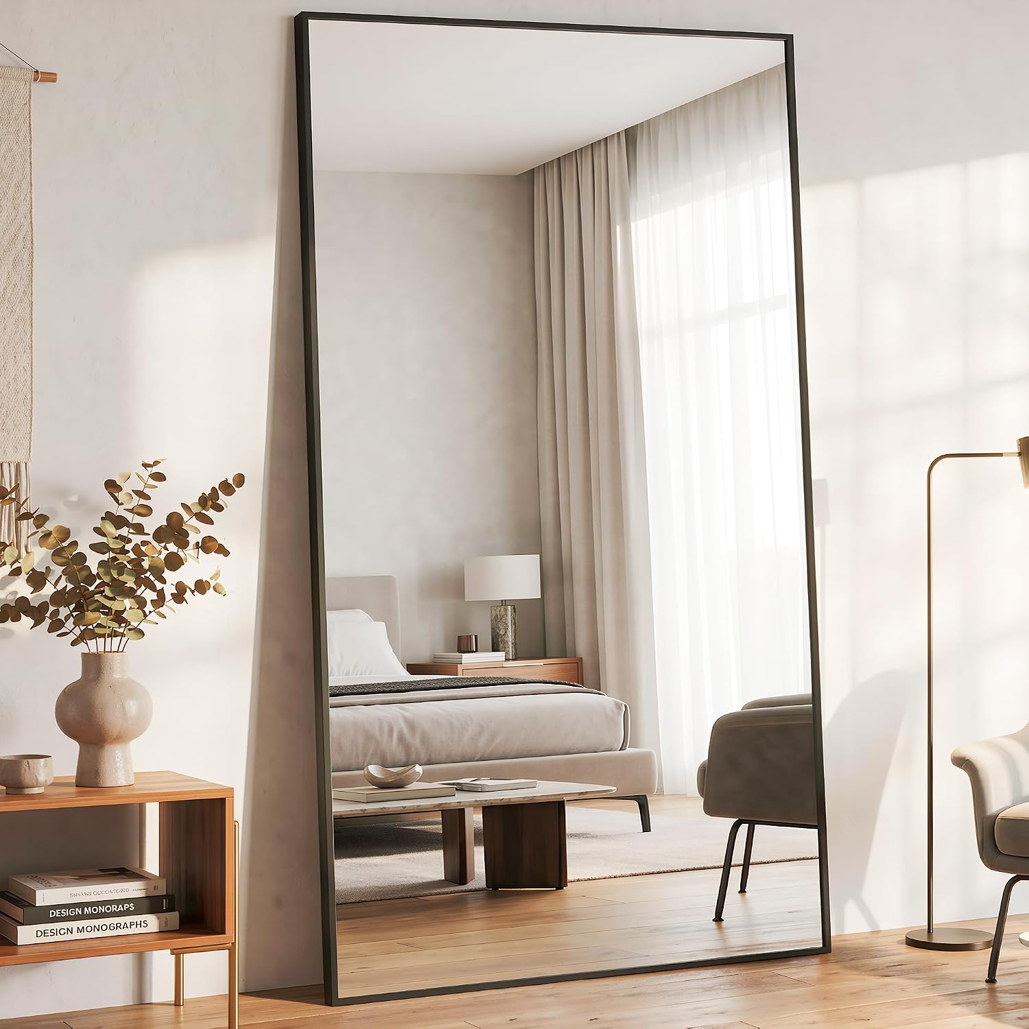 Antok 81"×41" Full Length Wall Mounted Hanging Mirror, Aluminum, Black