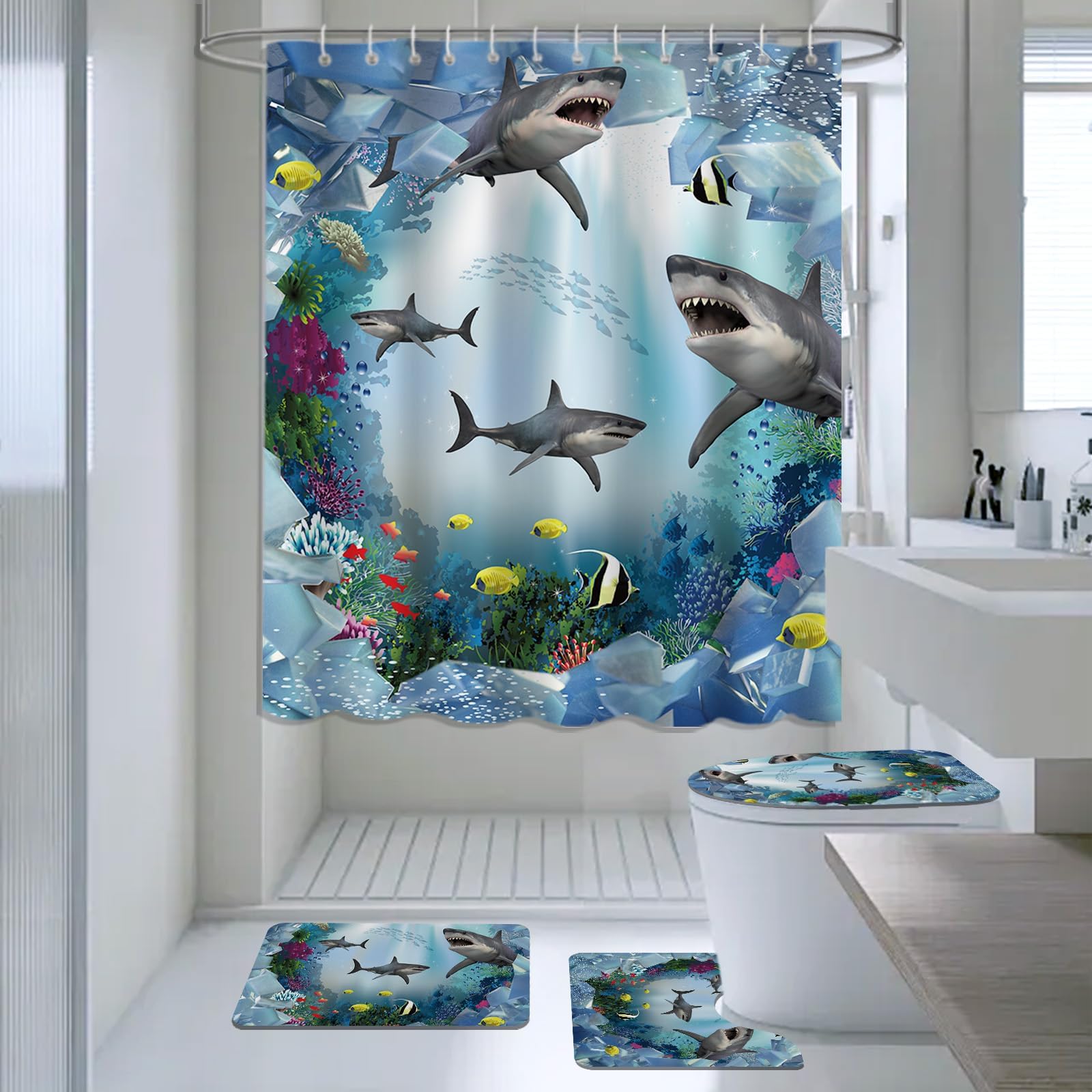 AIBIIN Blue Fish Shower Curtain Sets 4 Piece 3D Digital Painting Pattern with Non-Slip Rugs Toilet Lid Cover and Bath Mat Under The Sea Theme Animal Bath Curtains for Bathroom Decor with 12 Hooks