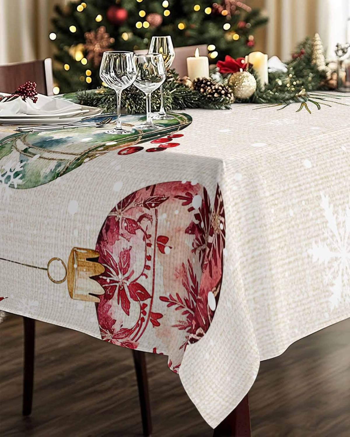 Christmas Red Table Cloth 60x84 Inch Rectangle, Green Balls Poinsettia Berry Snowflake Beige Waterproof Tablecloth Washable Table Cover for Party Picnic Dinner Decor
