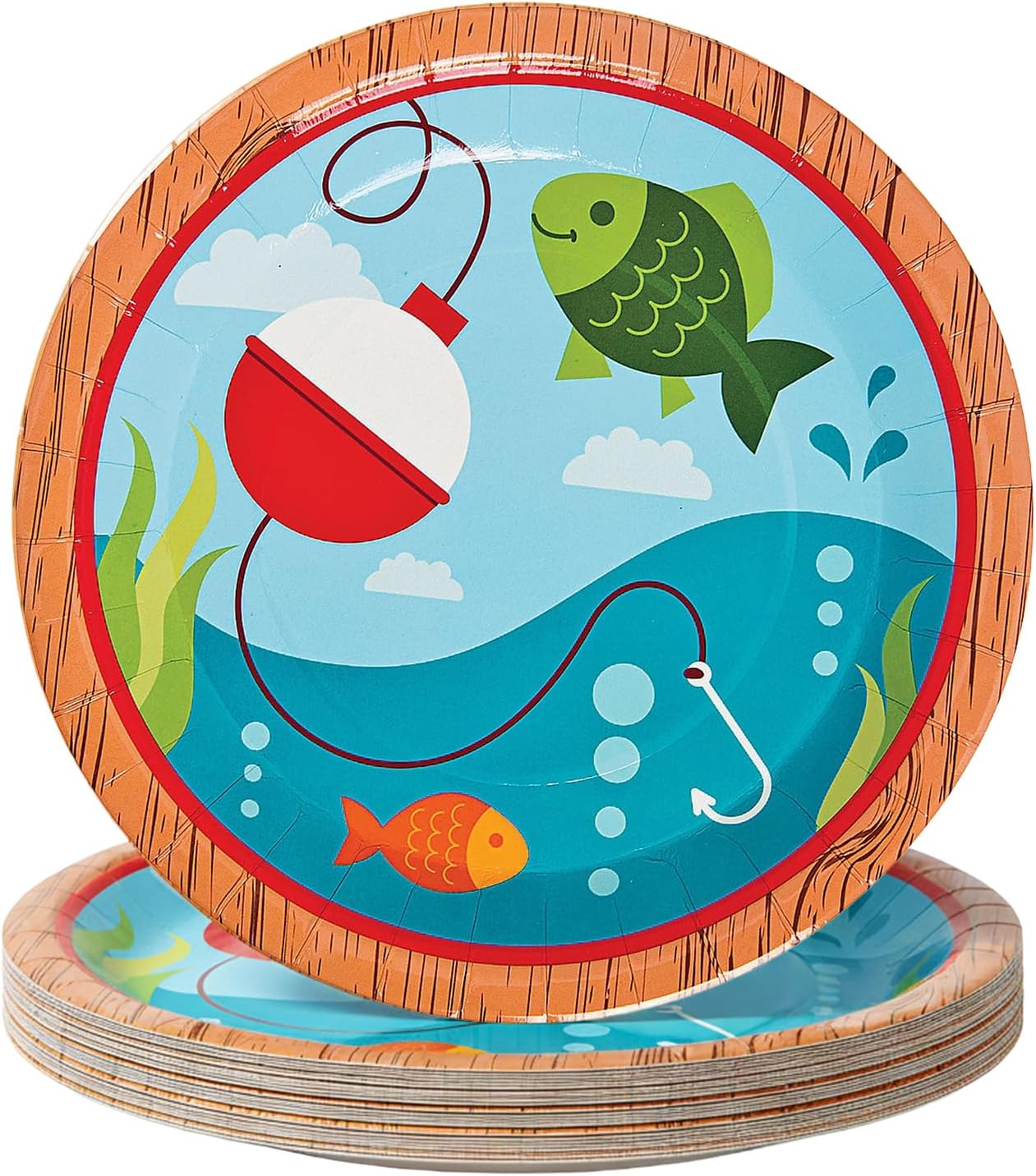 Fun Express Little Fisherman Party Paper Dinner - Fishing Themed Decoration Paper Plates - Fishing Disposable Dessert Plates for Little Fisherman Birthday Events Party Supplies - 8 Pieces