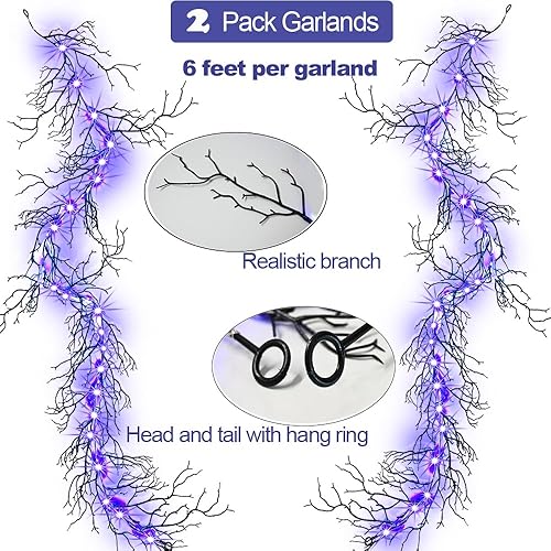 Miniatura 3 de Guirnalda de ramas muertas de Halloween con temporizador, paquete de 2 unidades de 6 pies, 30 luces LED, funciona con pilas, guirnalda de ramas