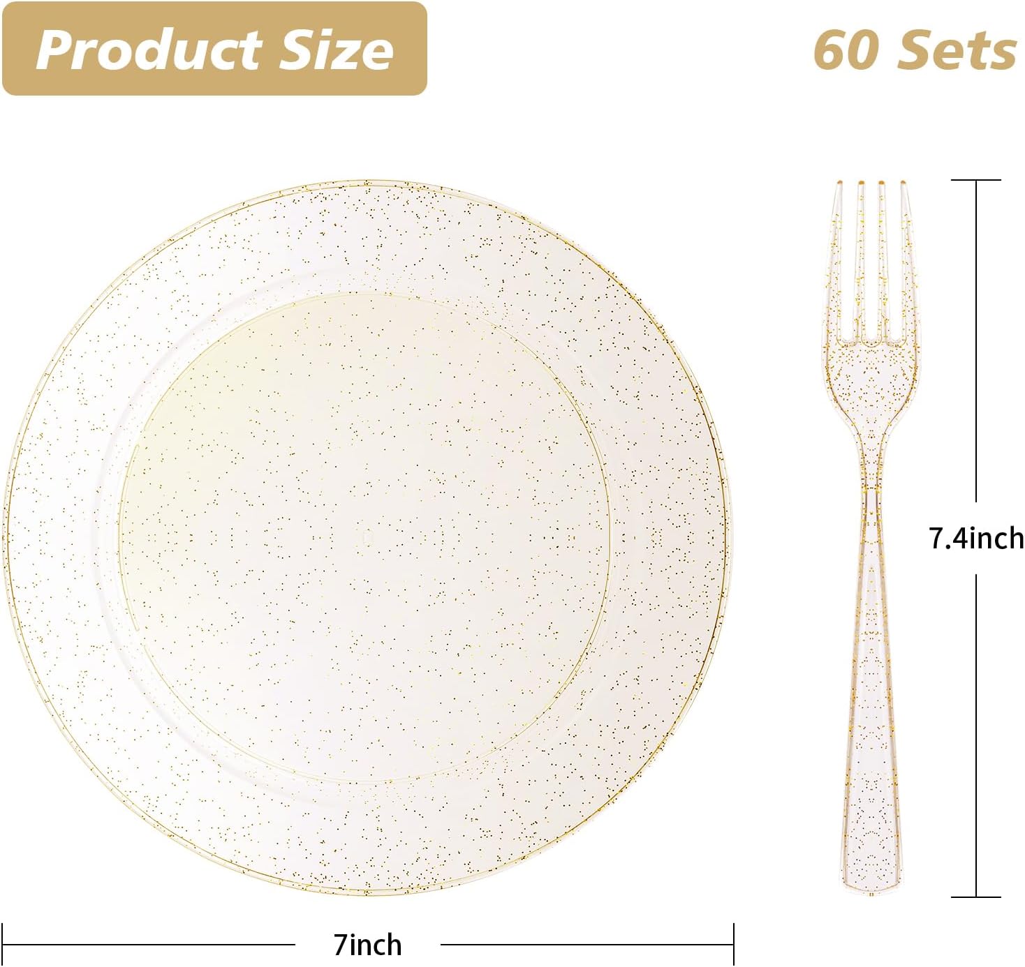 Goodluck 120PCS 7" Gold Glitter Dessert Plastic Plates with 7.4" Forks, Gold Appetizer Plates for 60 Guests, Including 60 Disposable Cake Plastic Plates and 60 Forks for Wedding/Birthday Party - Image 4