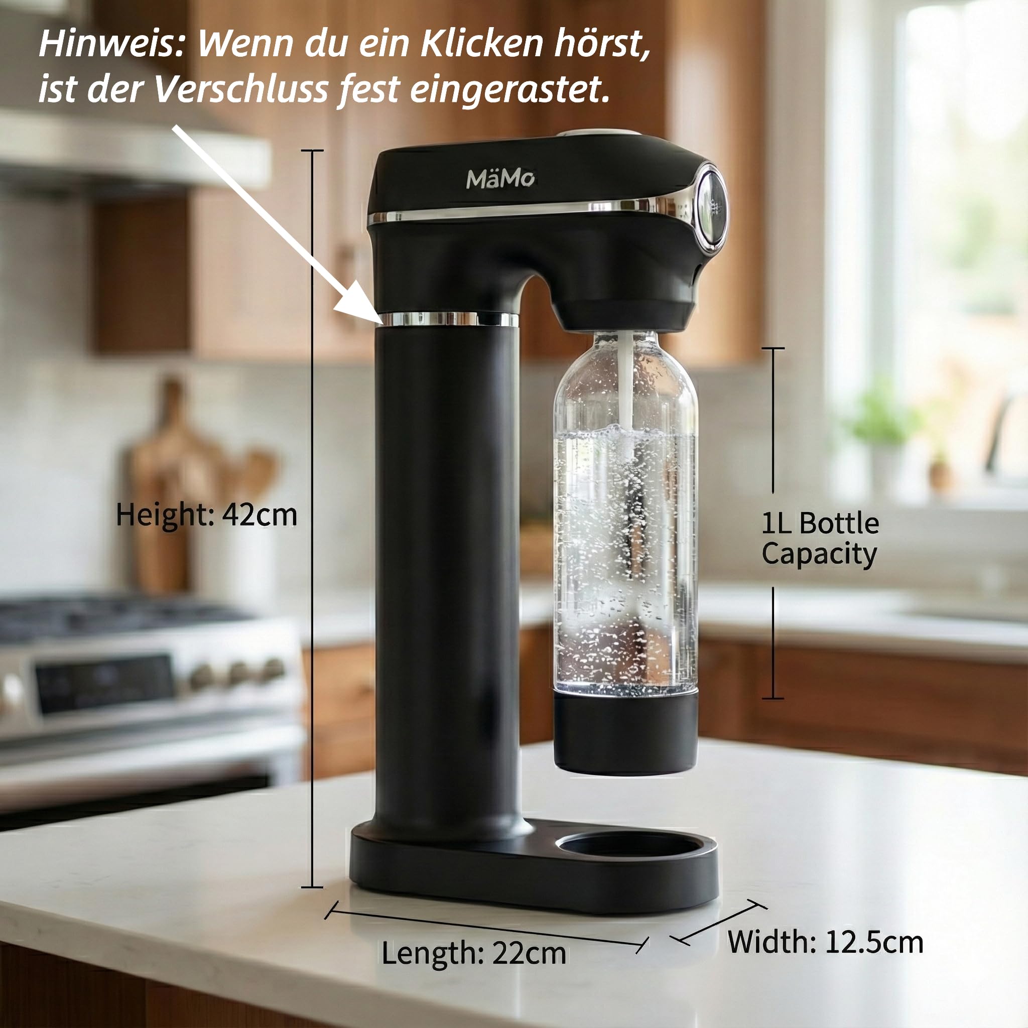 Wassersprudler Set - Kunststoff, Manometer, 2 Flaschen, Schwarz | Schwarz mit Manometer. Inkl. 1L & 0.5L PET-Flaschen (ohne CO2). Automatische Druckregulierung für frisches Sprudelwasser.