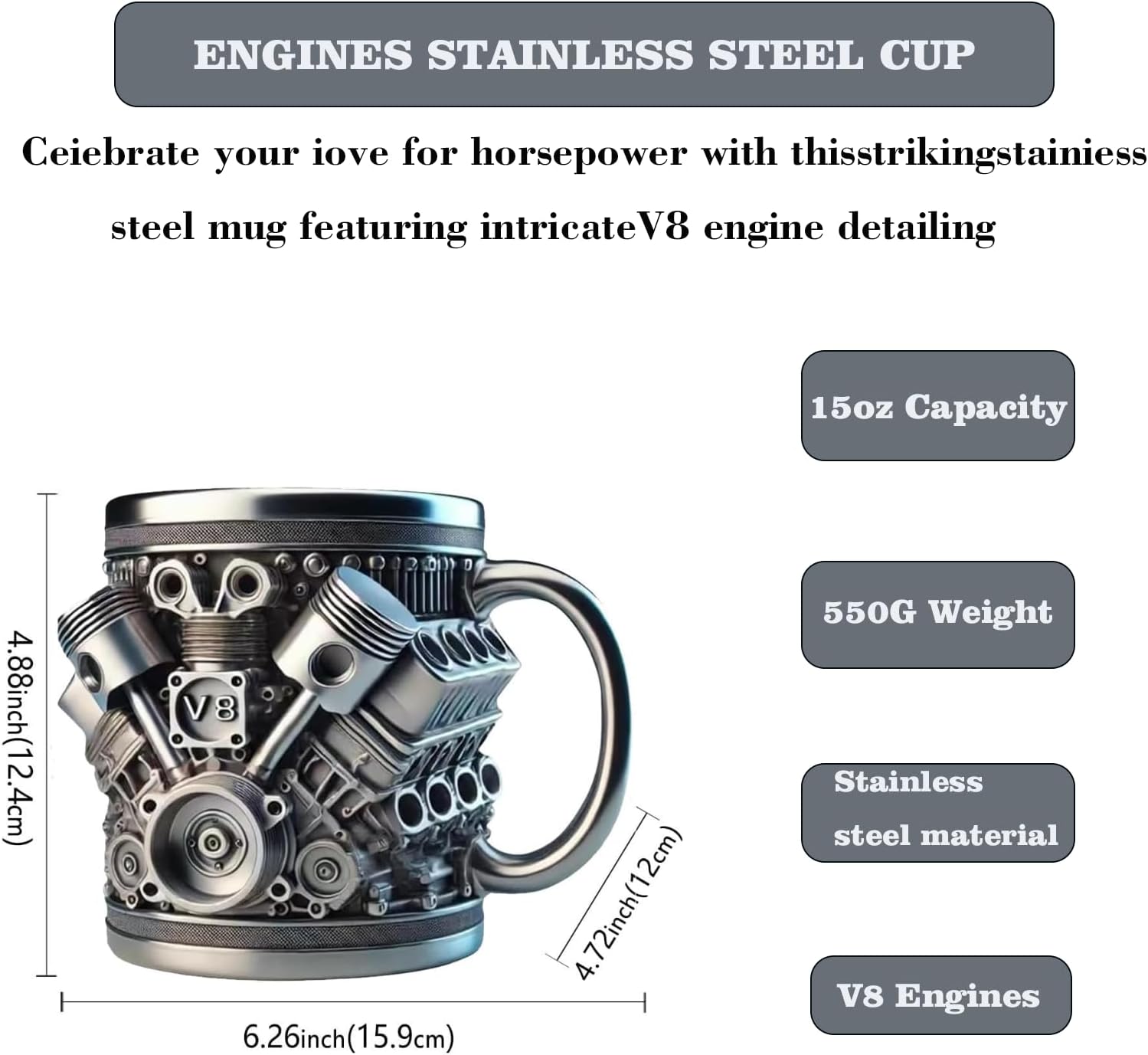 V8 Engine & Engine Themed Coffee Mug, Personalized Insulated Stainless Steel Cup with Handle, Gift for Car Lovers, Mechanics, Tool Kit Mug, Birthday Gift Idea and Home Decor Art-15OZ (silver V8) image 3