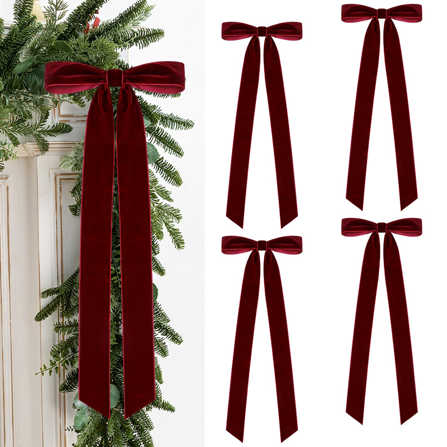 4 Pcs Rustic Large Christmas Velvet Bows Decorations - 23.6 x 8.66 Inch Vintage Ribbon Bow for Xmas Tree Topper Wreath Garland Fireplace Staircase Home Decor (Burgundy)