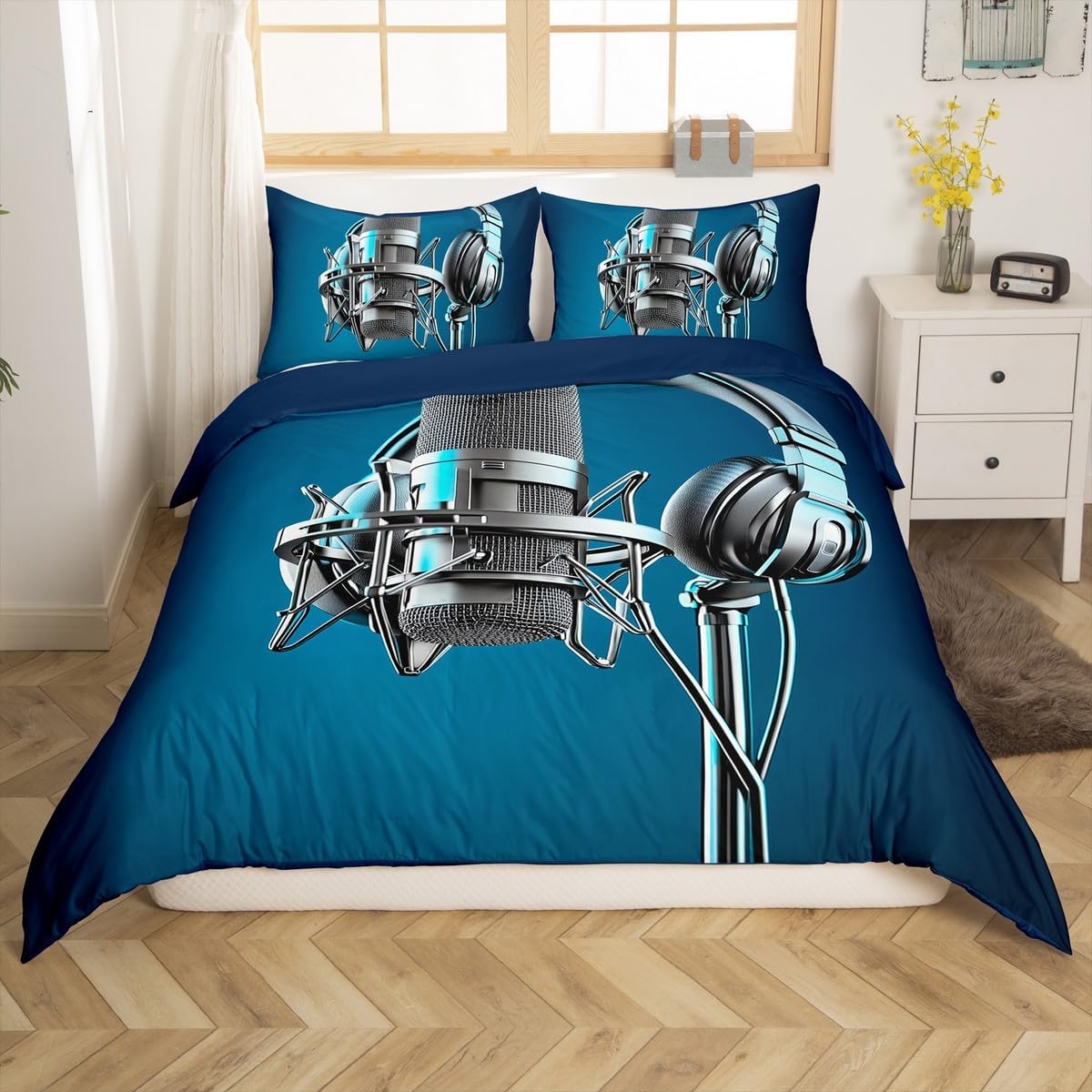 Erosebridal Headset Comforter Cover for Kids Youth Teens Adults Microphone Duvet Cover,Music Theme Quilt Cover 3D Headphone Bedding Set with 2 Pillow Cases,Black Queen Size Blue