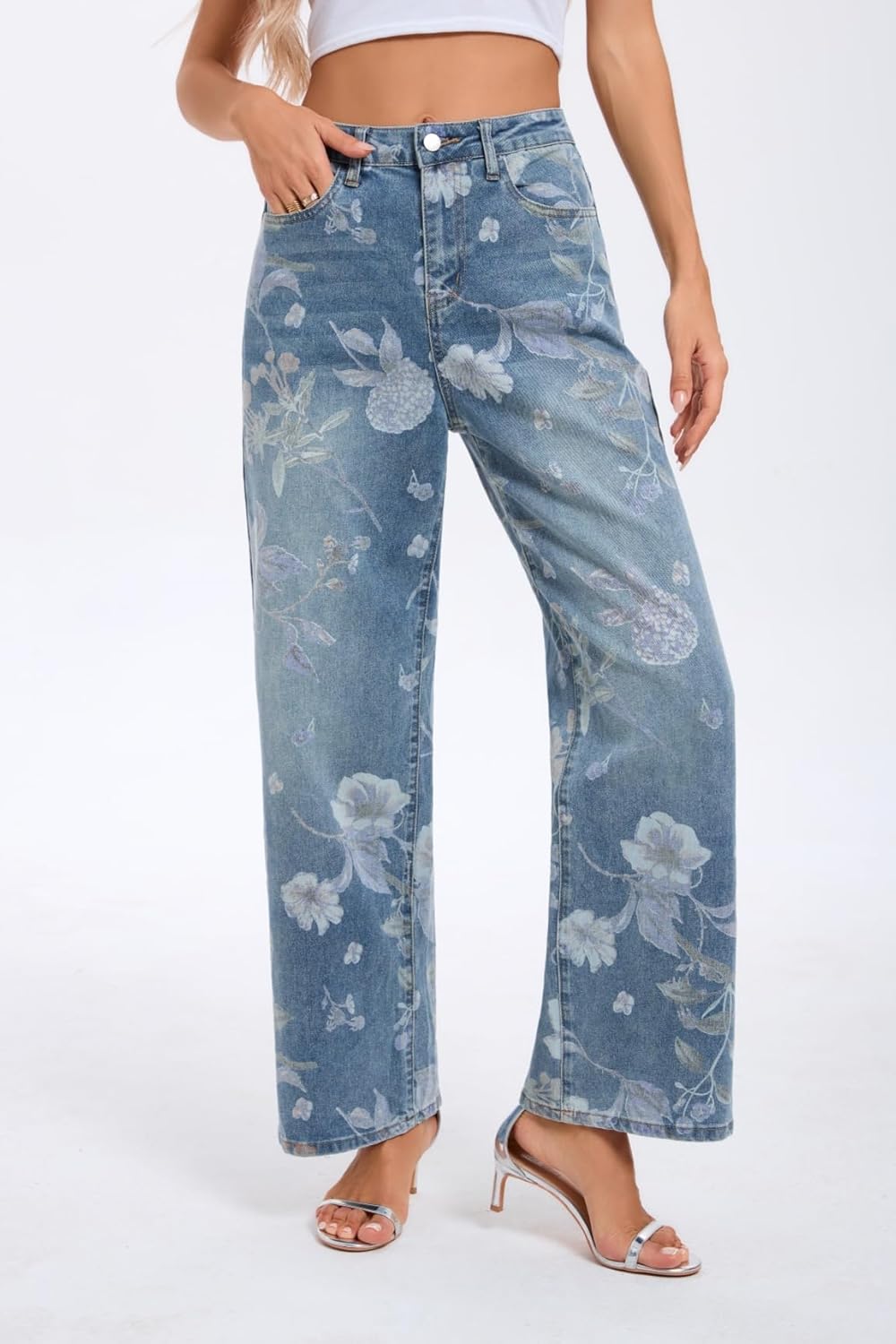 Jeans for Women Floral High Waisted Straight Leg Stretchy Jeans Summer Cute Printed Denim Pants - Image 4