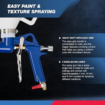 HILTEX 31229 Air Texture Gun with 1.32 Gallon Hopper, 3 Nozzles: 4.0mm, 6.0mm, 8.0mm, Drywall Texture Sprayer for Stucco Mud or Popcorn on Walls and Ceiling, Knockdown, Spray Gun with Handle