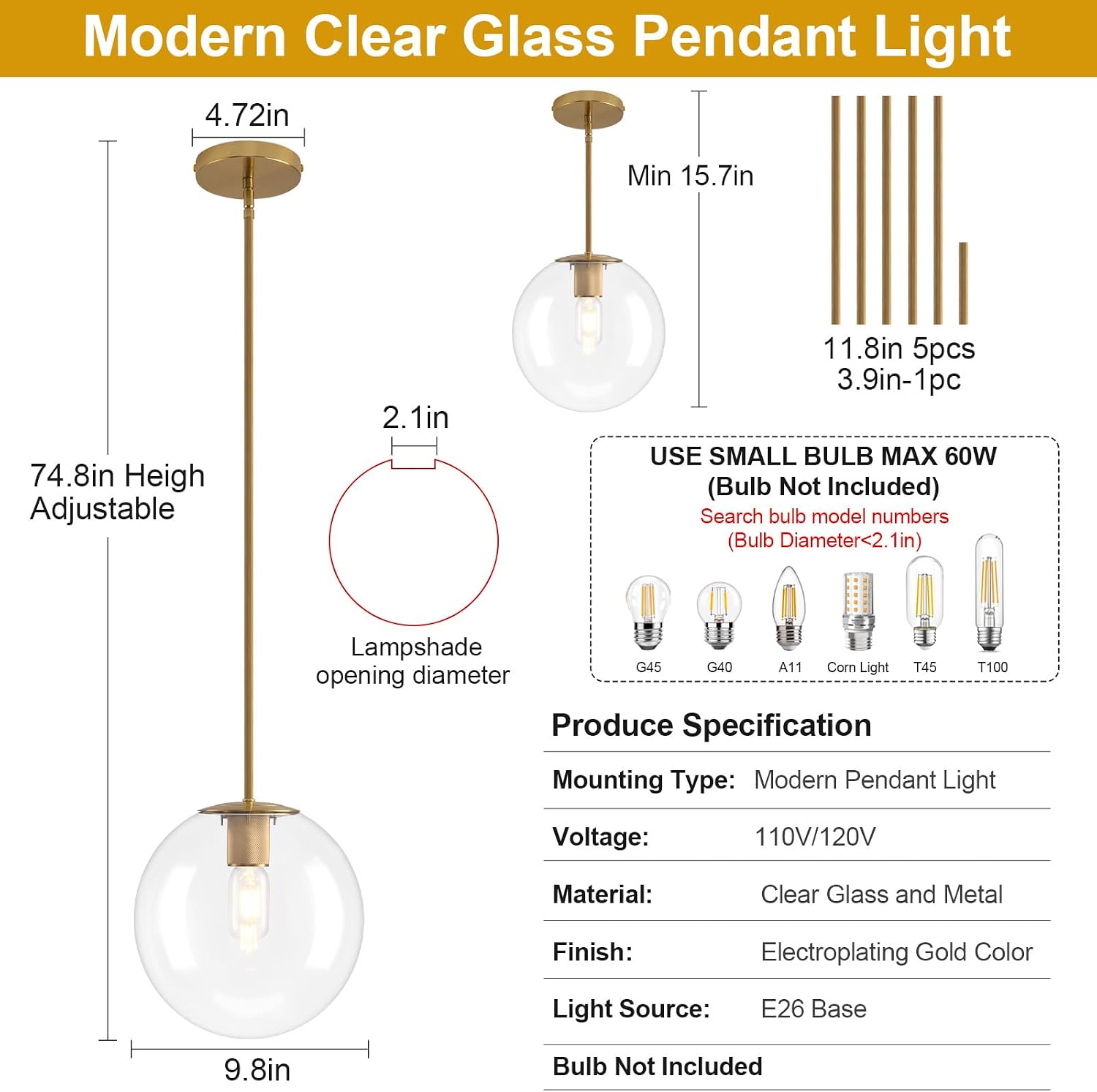 10in Globe Glass Pendant Light, Mid Century Modern Pendant Lights Kitchen Island, Brass Fininsh Hanging Light Fixture for Dining Room Over Table Sink Hallway, Gold & Clear 1 Pack