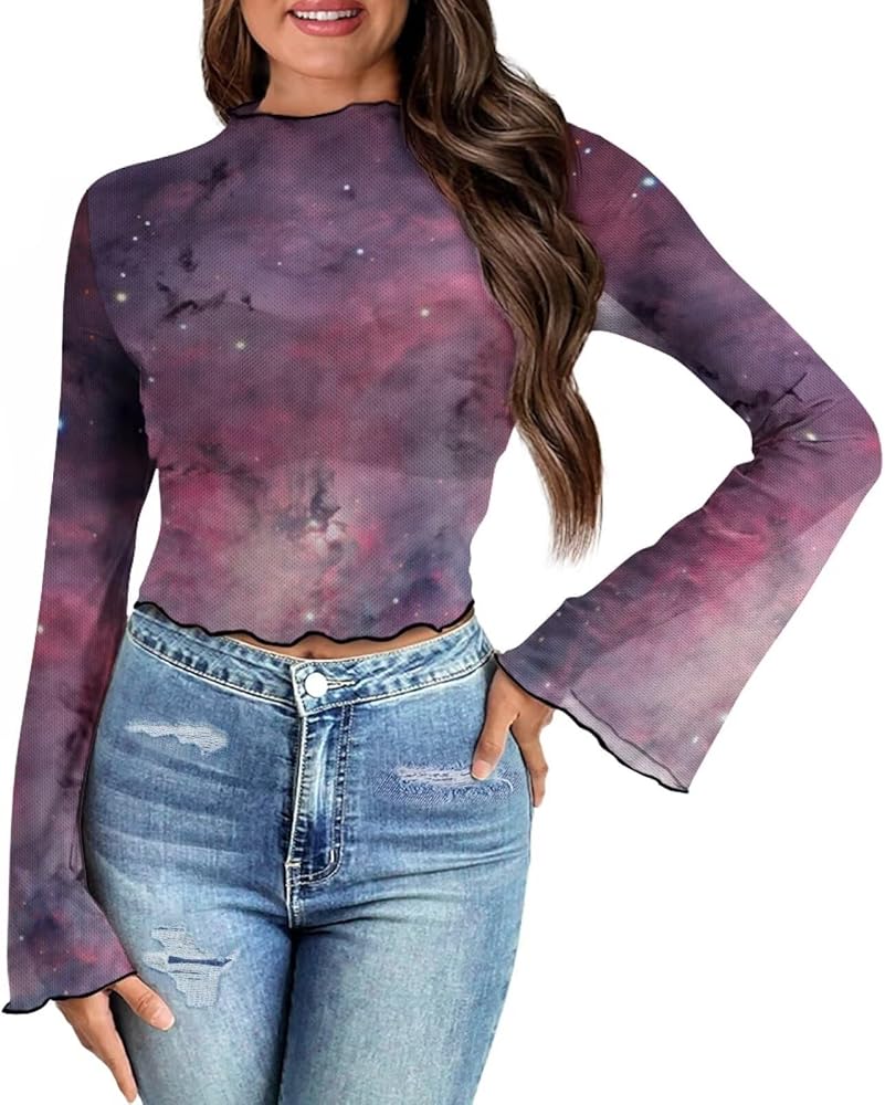 OZELANSAY Women's Galaxy Theme Bell Sleeve Crop Top Purple Mesh