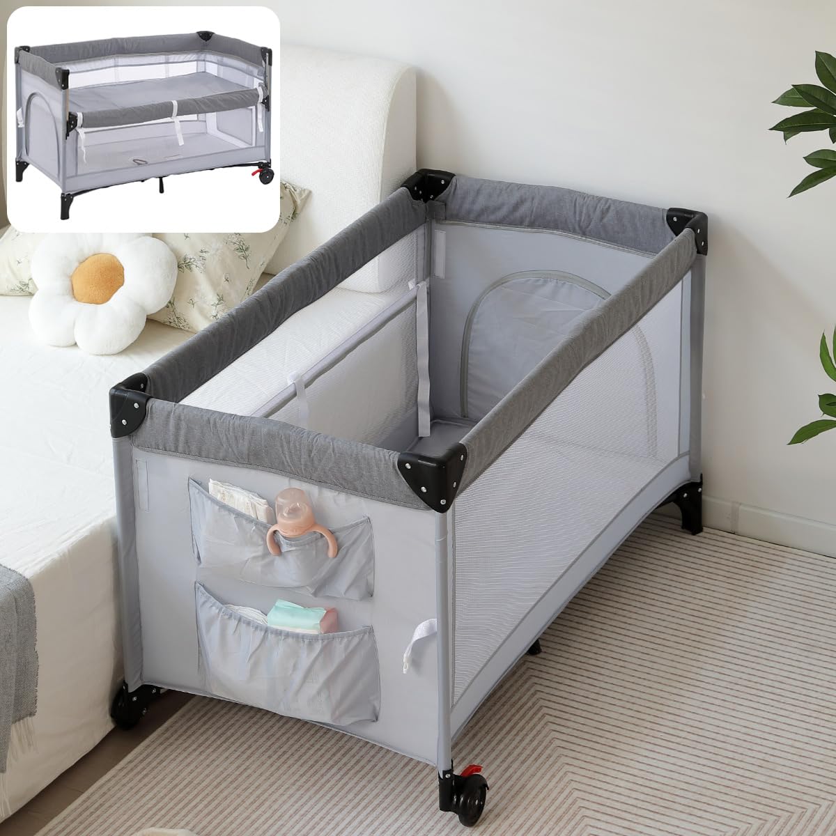 グレー 折りたたみベッド キャスター付き Amazon.co.jp: Simpolu ベビーサークル 折りたたみ サイド高さ二段調整