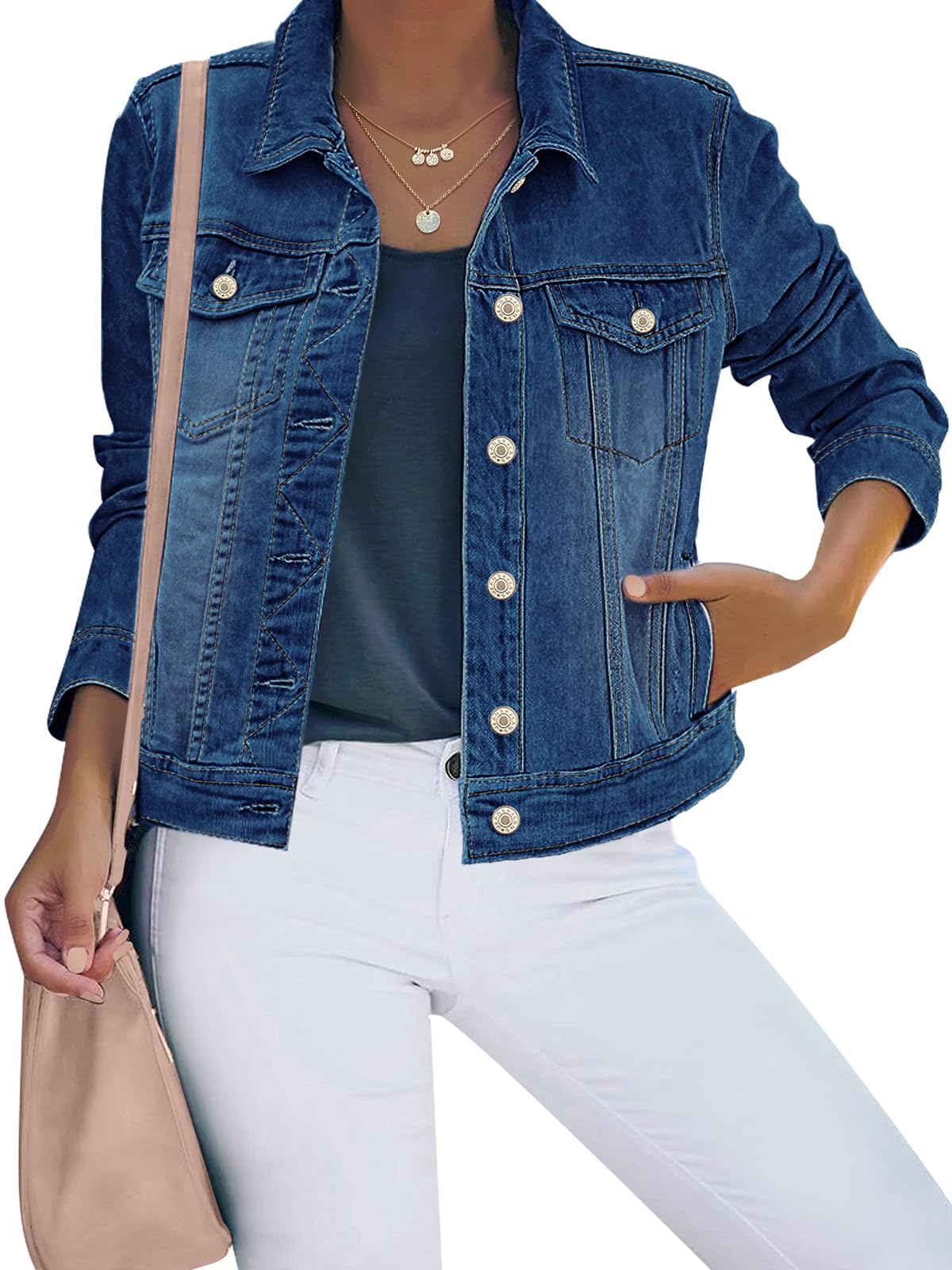 luvamia Women's Basic Button Down Stretch Fitted Long Sleeves Denim Jean Jacket