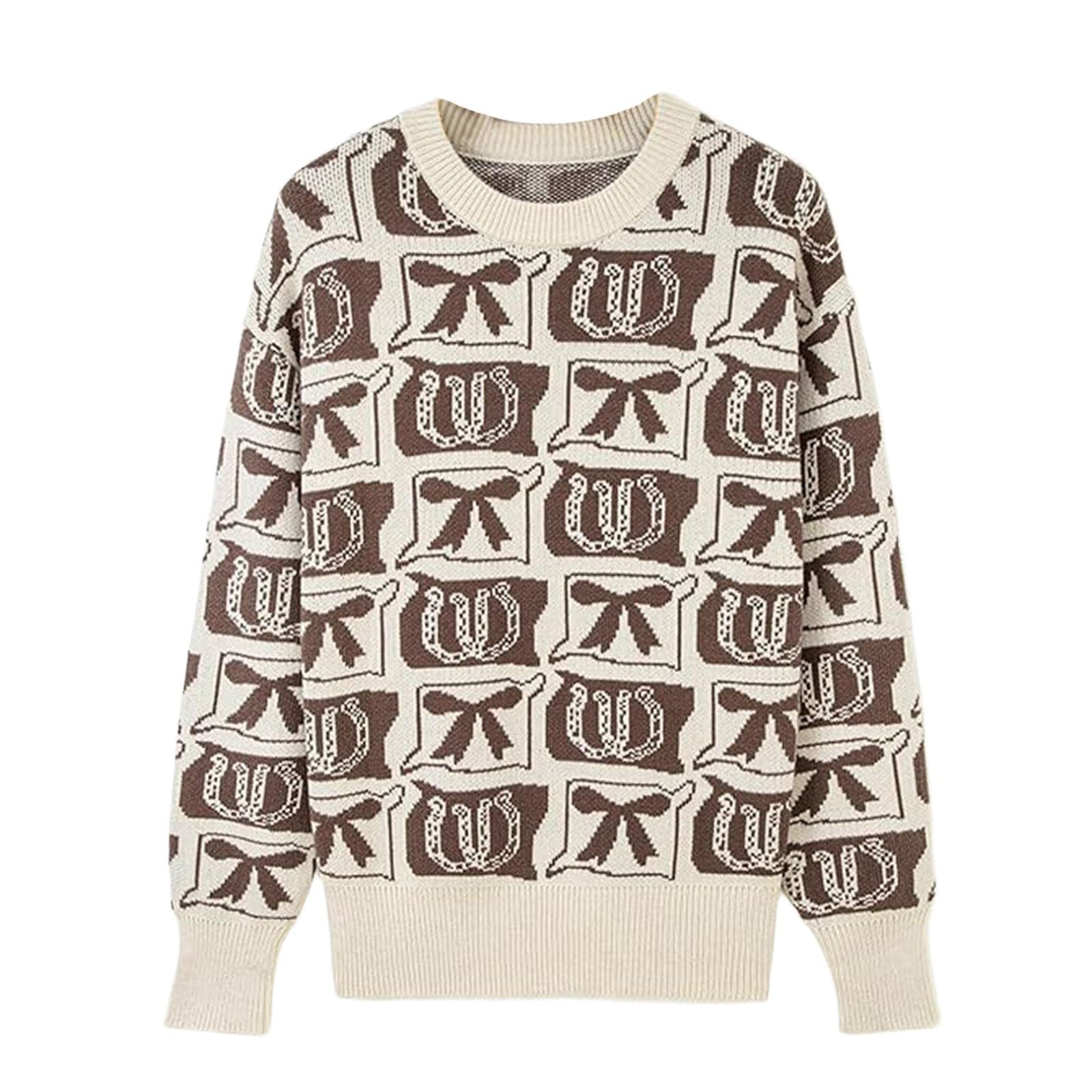 Generisch Jacke Beige Damen Modischer Strickmantel mit langen Ärmeln, bedrucktem Muster, lässiger, warmer Strickpullover für Outdoor-Aktivitäten im Herbst und Winter