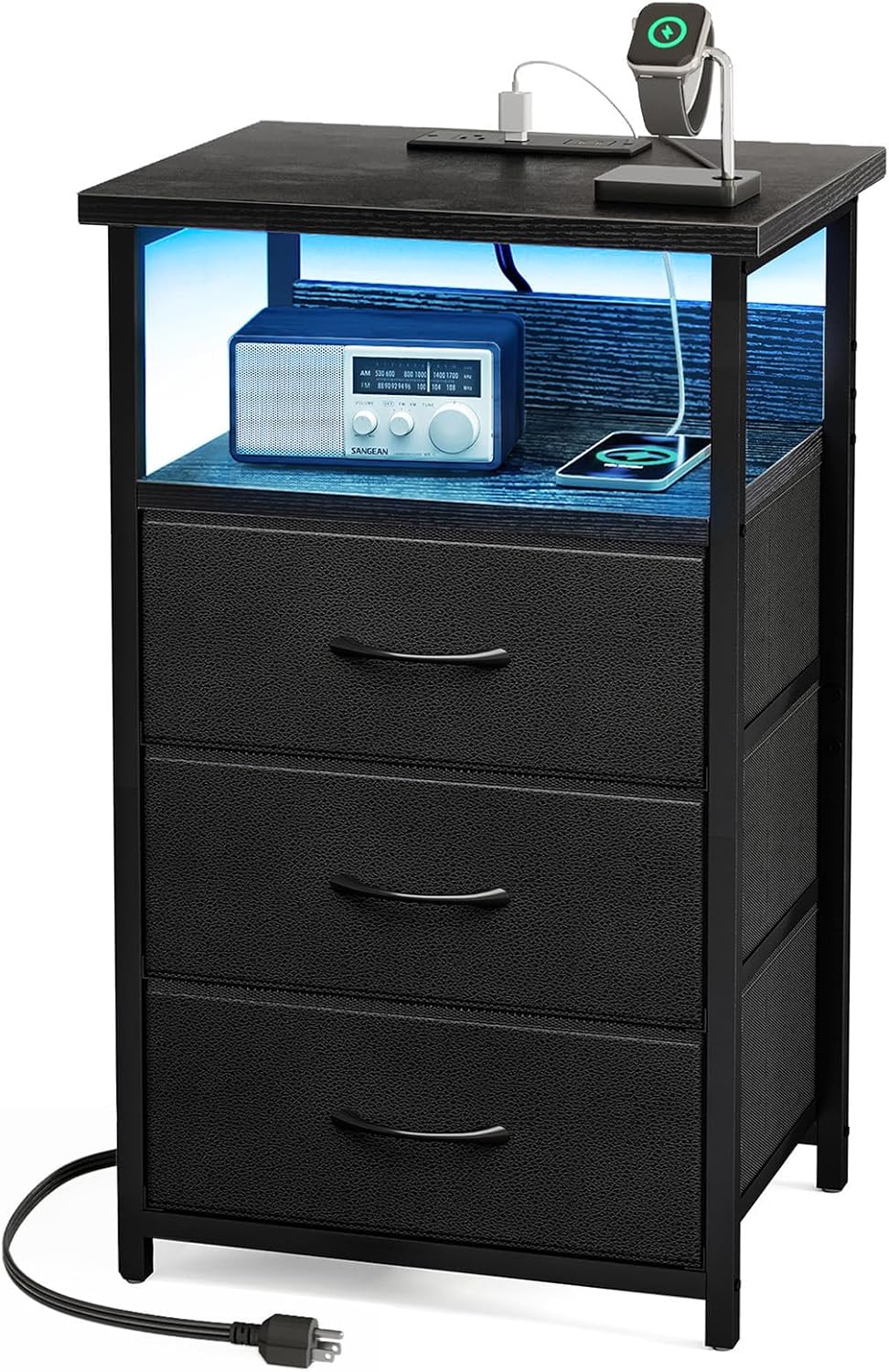 Fixwal Night Stand with Charging Station, LED Nightstand with U-S-B Ports and Outlets, 3 Fabric Storage Drawers with PU Finish, Bedside Table, Black Fixwal Night Stand with Charging Station, LED Nightstand with U-S-B Ports and Outlets, 3 Fabric Storage Drawers with PU Finish, Bedside Table, Black