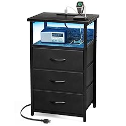Fixwal Night Stand with Charging Station, LED Nightstand with U-S-B Ports and Outlets, 3 Fabric Storage Drawers with PU Finish, Bedside Table, Black