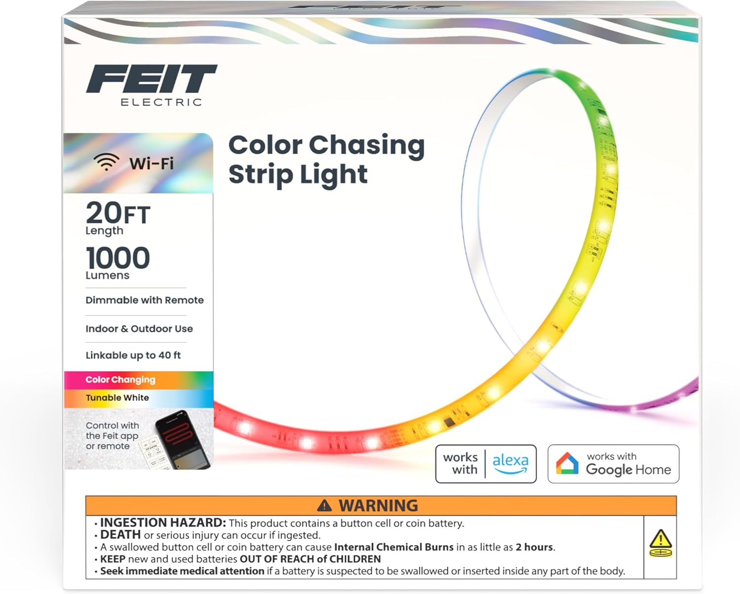 Feit Electric 20FT Smart LED Strip Light, Chasing RGB + Tunable White, App & Remote Control, Alexa & Google Home Compatible, Linkable & Cuttable Tape Light, TAPE20/CHASE/AG