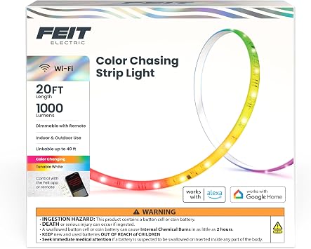 Feit Electric 20FT Smart LED Strip Light, Chasing RGB + Tunable White, App & Remote Control, Alexa & Google Home Compatible, Linkable & Cuttable Tape Light, TAPE20/CHASE/AG