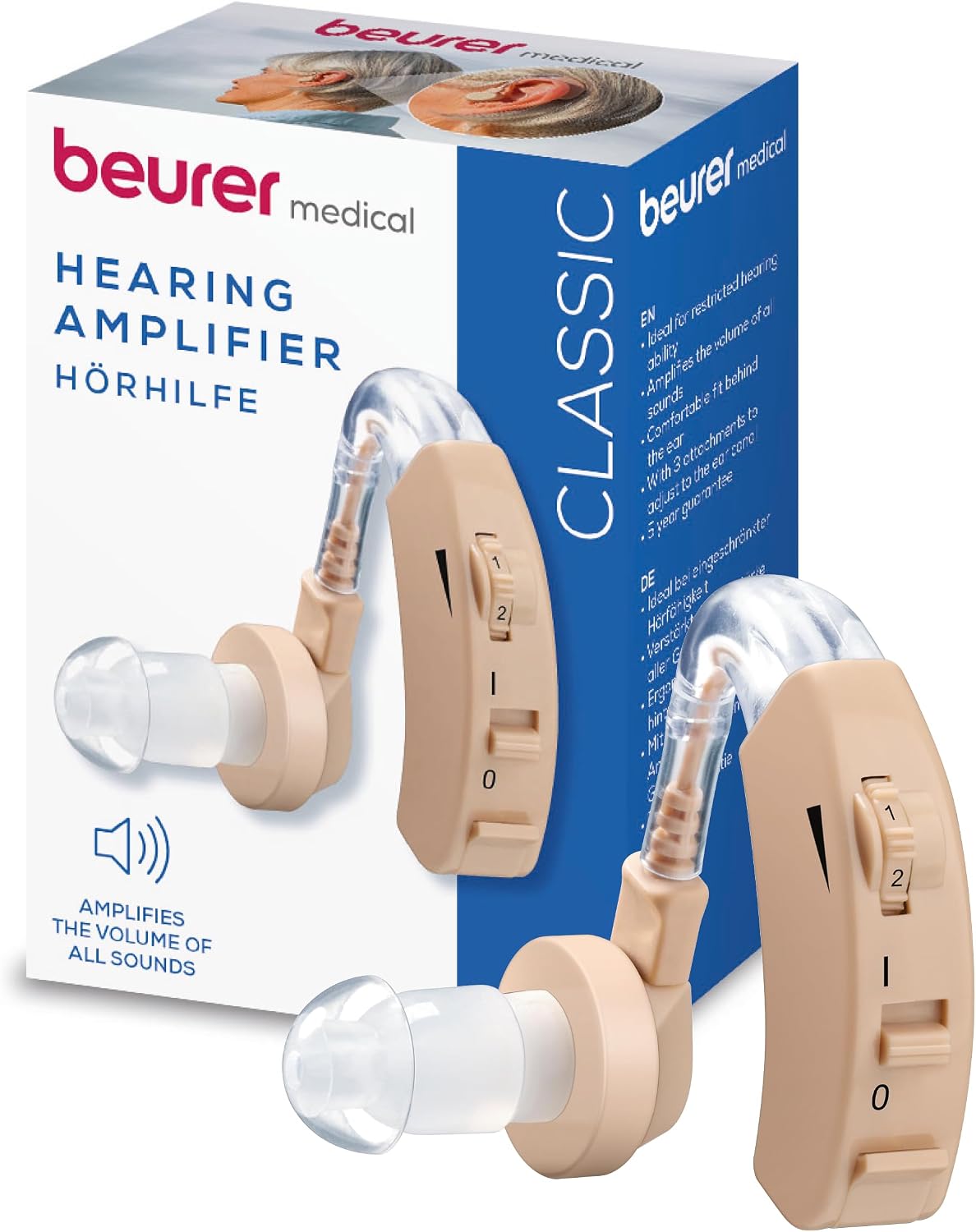 Beurer HA 20 Hearing Noise Amplifier With Ergonomic Fit Behind the ear, Individual Adjustment to the Ear Canal, Volume Continuously Adjustable - Nude