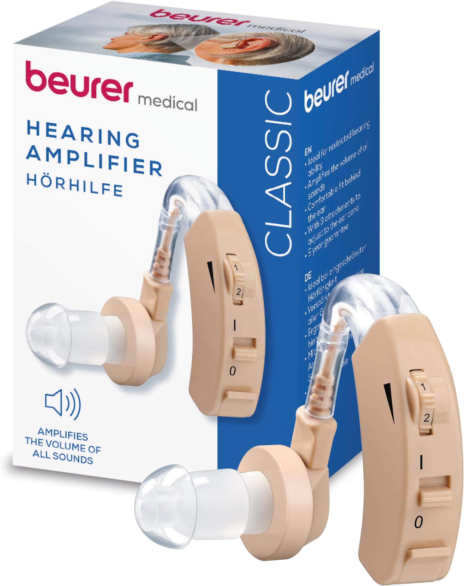 HA 20 Hearing Noise Amplifier With Ergonomic Fit Behind the ear, Individual Adjustment to the Ear Canal, Volume Continuously Adjustable - Nude