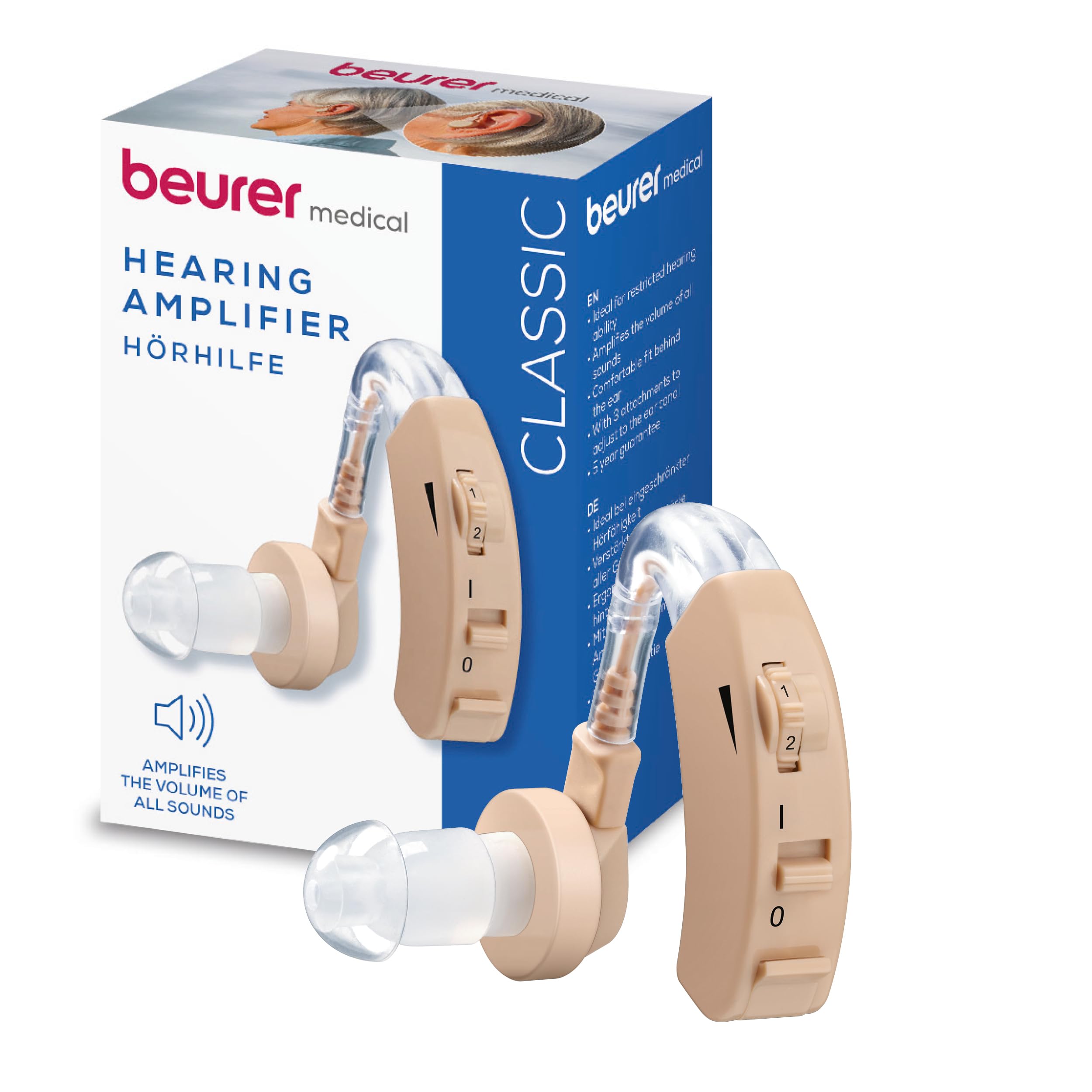 Beurer HA 20 Hearing Noise Amplifier With Ergonomic Fit Behind the ear, Individual Adjustment to the Ear Canal, Volume Continuously Adjustable - Nude