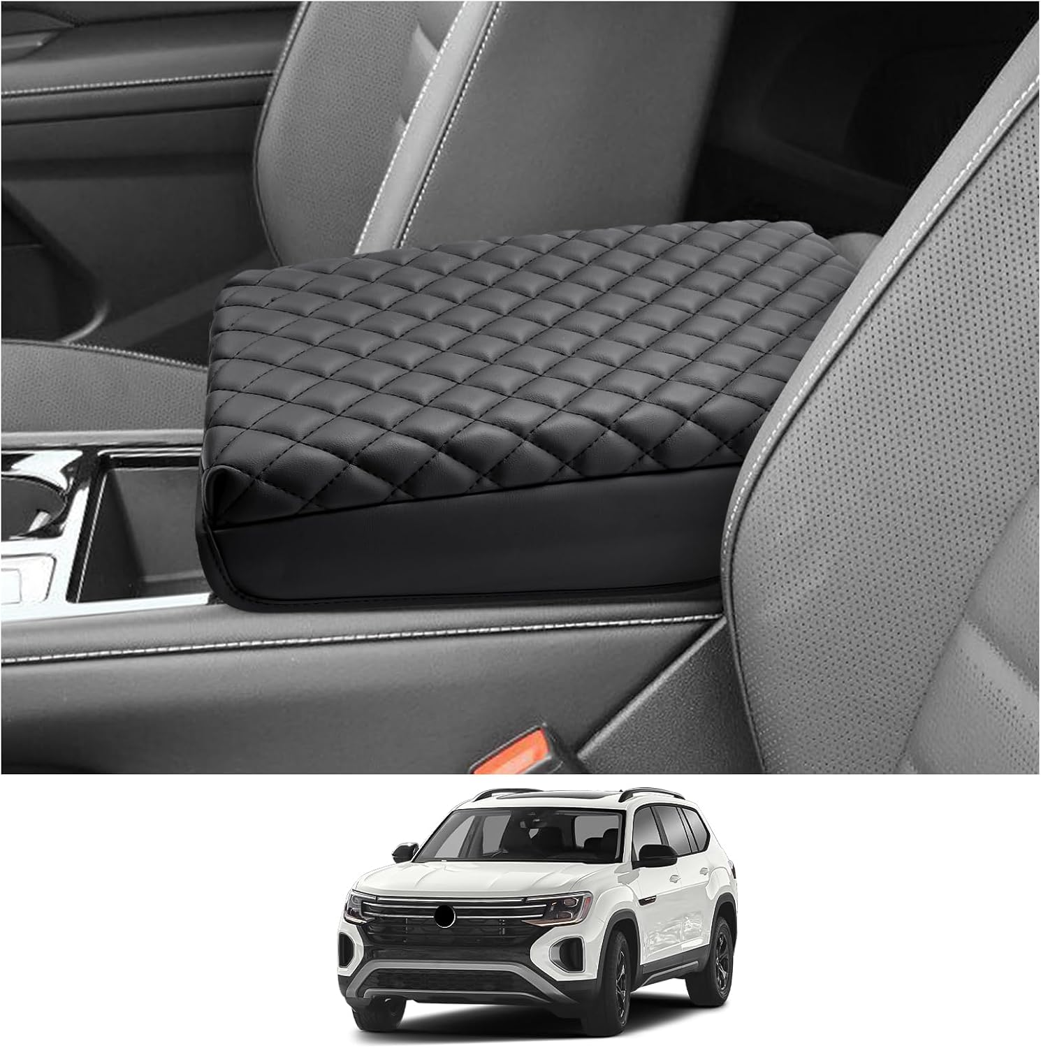 CDEFG for 2024 2025 2026 VW Volkswagen Atlas Center Console Cover for 2024 2025 2026 VW Atlas Cross Sport Accessories Armrest Cover Middle Console Pad Arm Rest Cushion(Black Thick Pad)