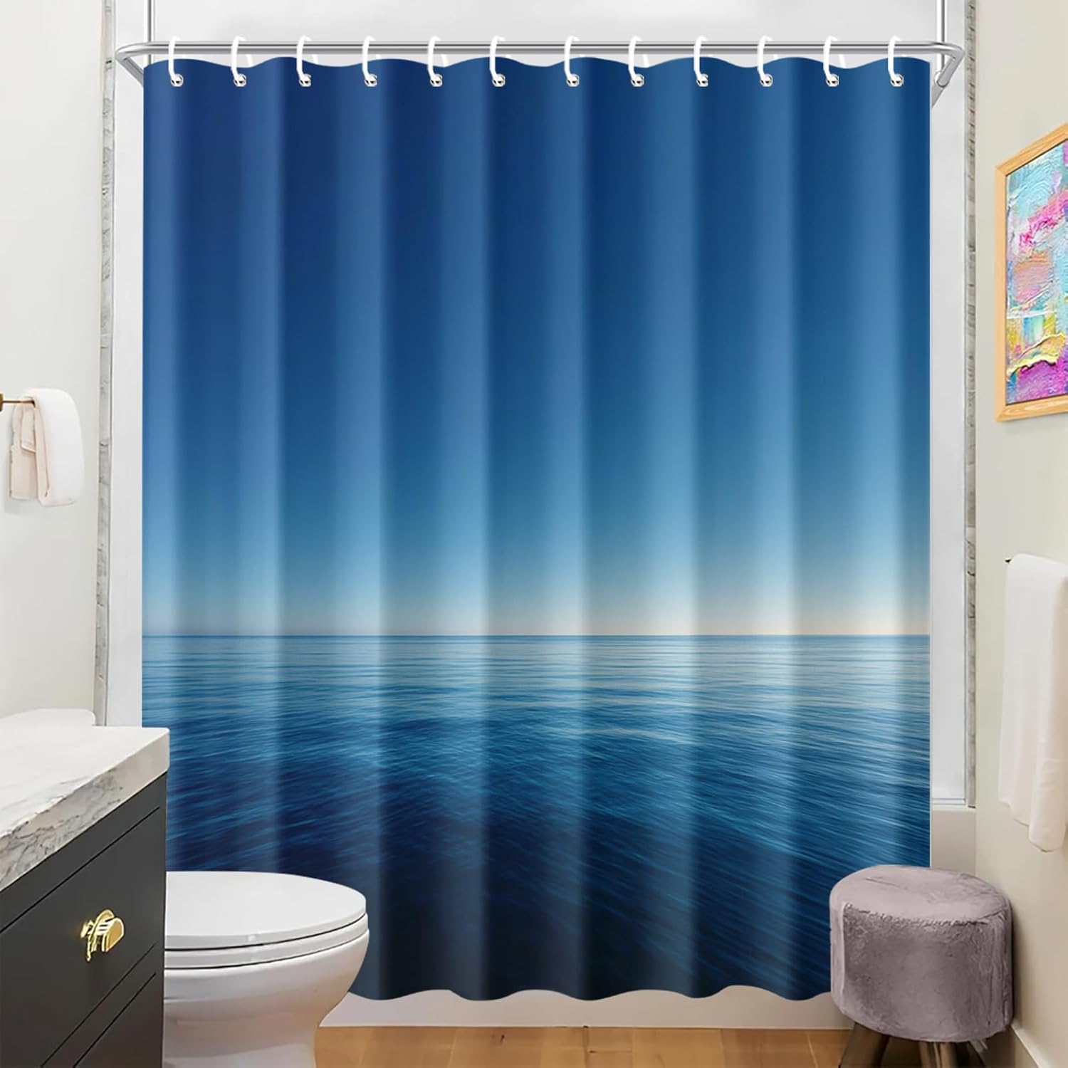 Ocean Horizon Shower Curtain 72x72 Inch with Hooks Minimalist Blue Sky and Sea Design Fabric Bathroom Decor with Calm Water and Clear Horizon for Zen Spa Modern Bathtub