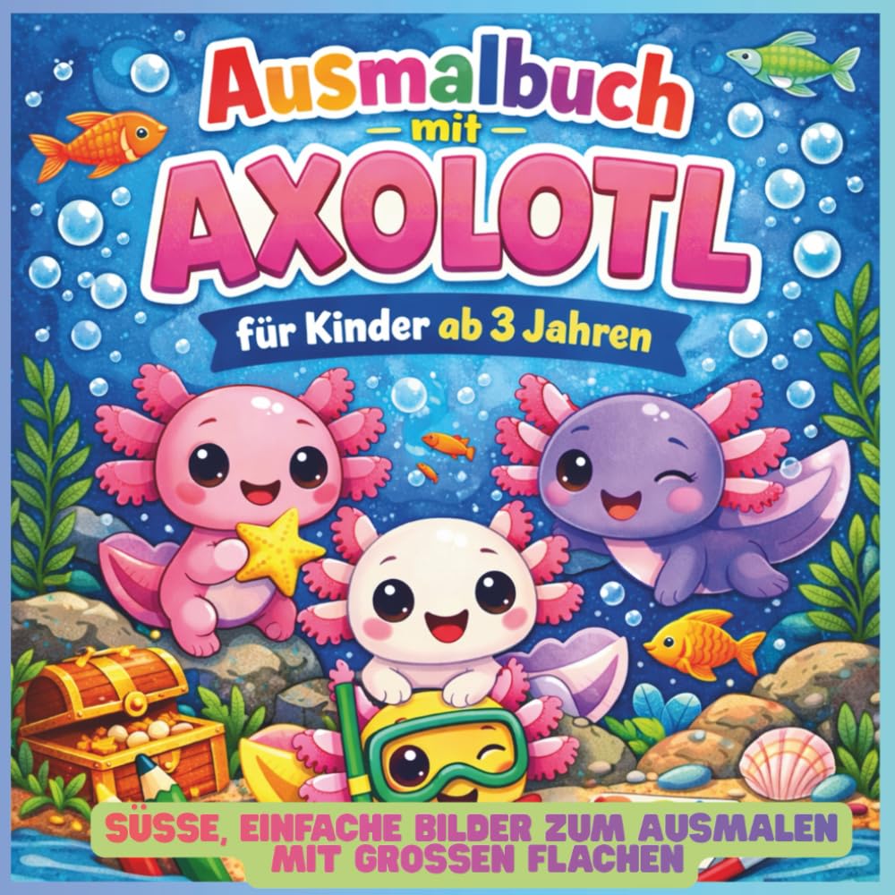 Ausmalbuch mit Axolotl für Kinder: Süße, einfache Bilder zum Ausmalen mit großen Flächen: Niedliche Axolotl Motive zum Ausmalen – | Perfekt für Kindergartenkinder, Jungen und Mädchen ab 3 Jahren