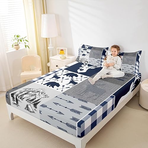 Miniatura 113 de Sábana bajera ajustable de oso de caza, juego de ropa de cama a cuadros de búfalo, sábanas de retazos de cabaña rústica para niños, niños, Multi