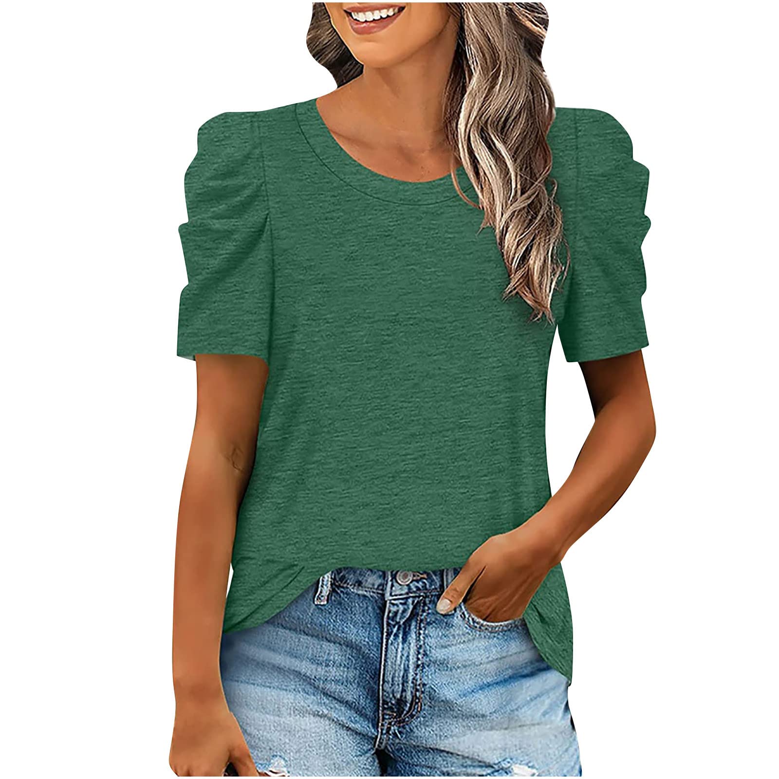 Womens Puff Sleeve Plain T Shirts Round Neck Babydoll Dressy Casual Summer Trendy Cute Going Out Tops