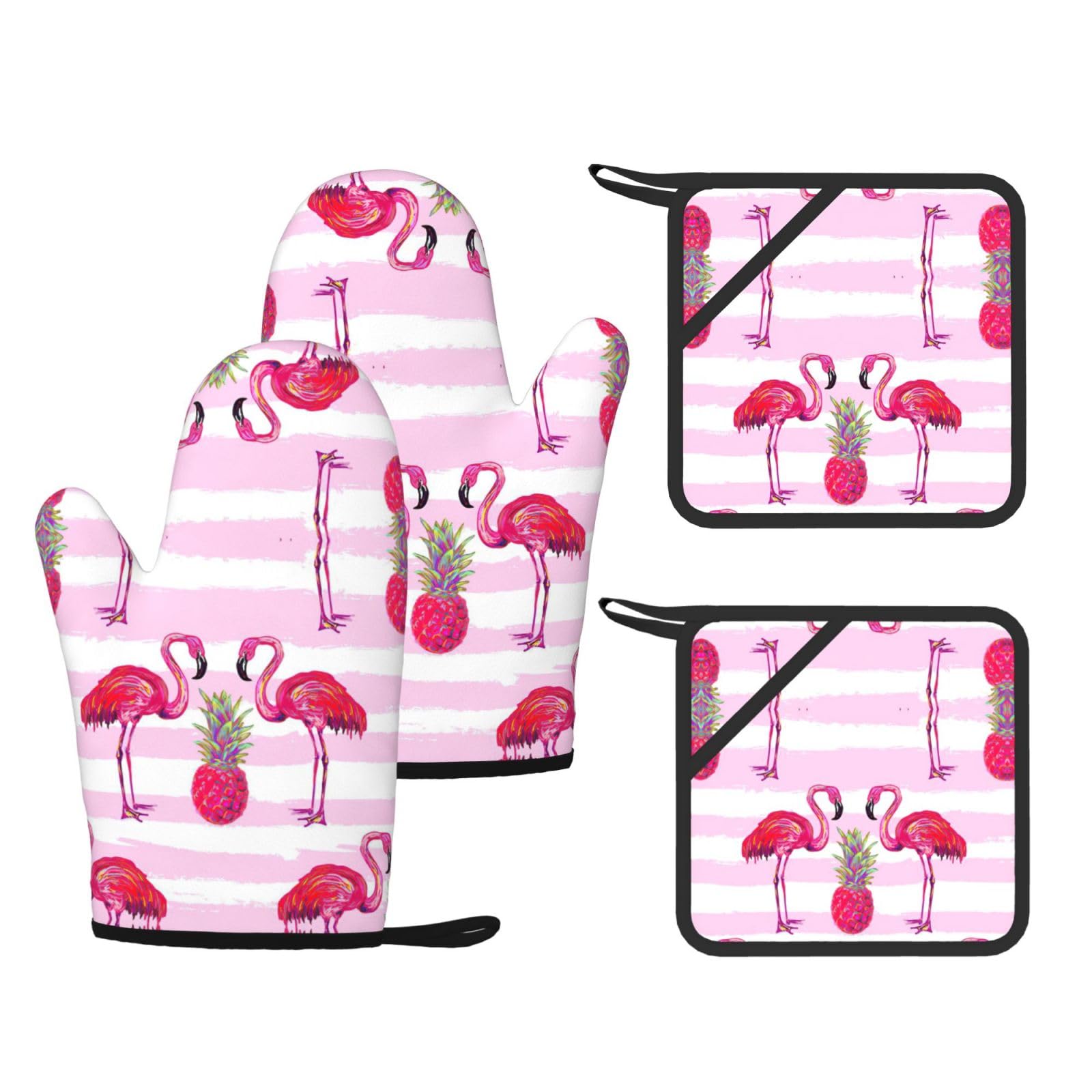 Summer Tropical Flamingo and Pineapple Printed Oven Gloves and Hot Pads Set of 4, High Heat Resistant Silicone Mitts for Cooking BBQ