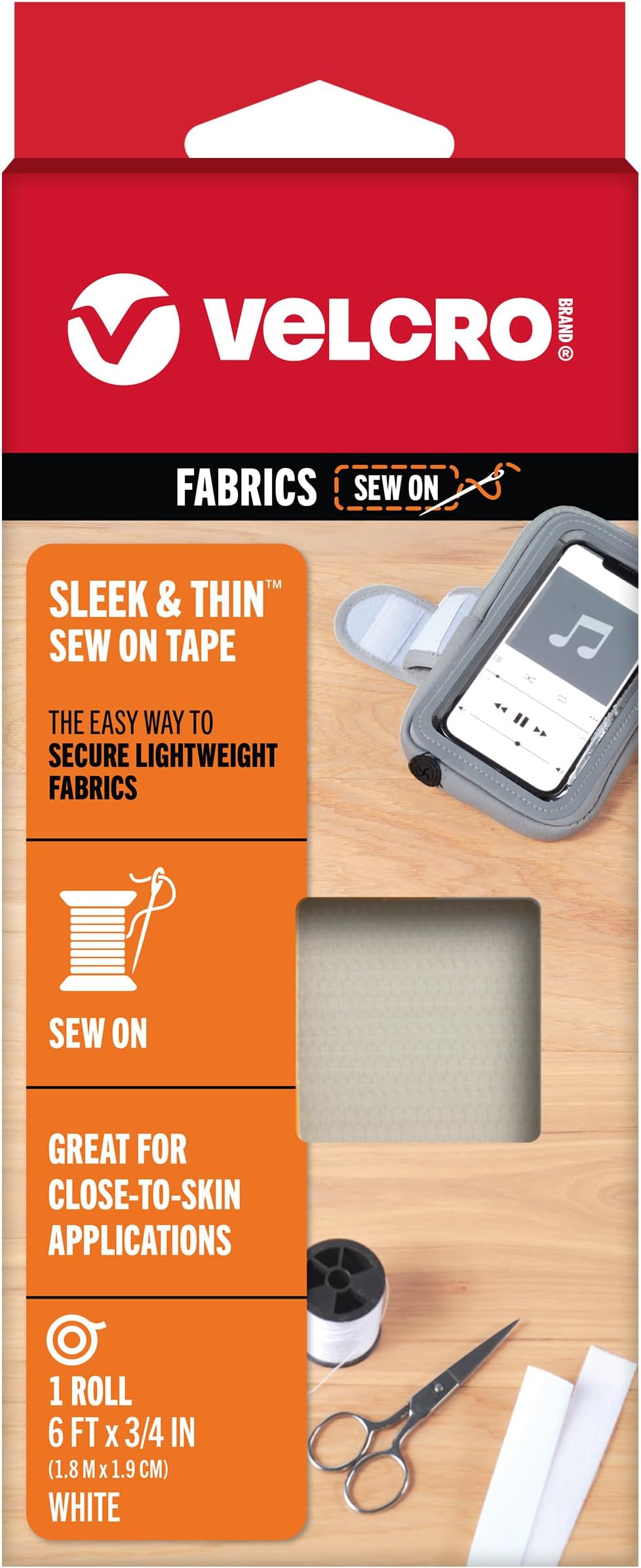 VELCRO Brand Sleek and Thin for Fabrics | 6ft x 3/4in Tape, White | Soft on Skin Ultra Light with Sewing Lane Technology,