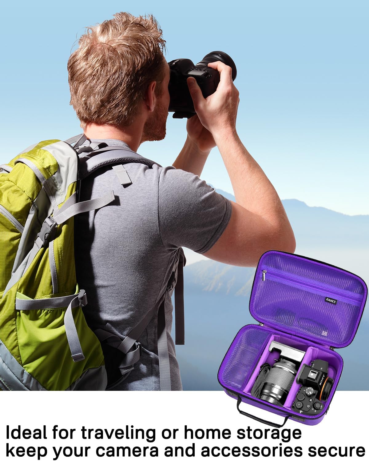 RAIACE Hard Case Compatible with Sony Alpha 7 II III IV/7R V Camera, for Nikon, for Canon, for Pentax and More.Large Capacity With Mesh Pocket for Lens, Charger, Cables, Cards and Accessories.-Purple - Image 7