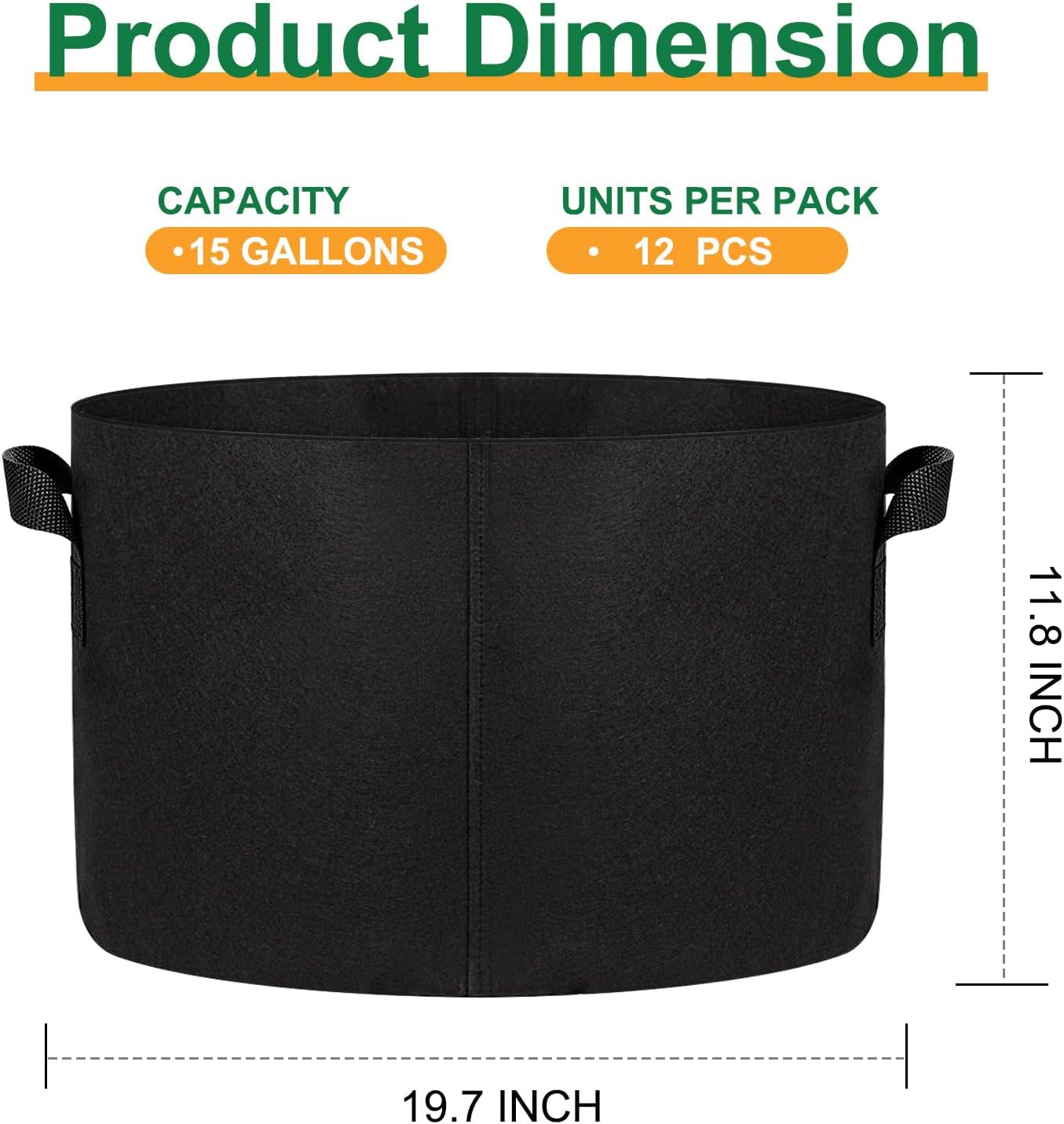 JERIA 12-Pack 15 Gallon Grow Bags, 300G Thickened Nonwoven Garden Pots,Heavy Duty Fabric Pots with Reinforced Handles image 2