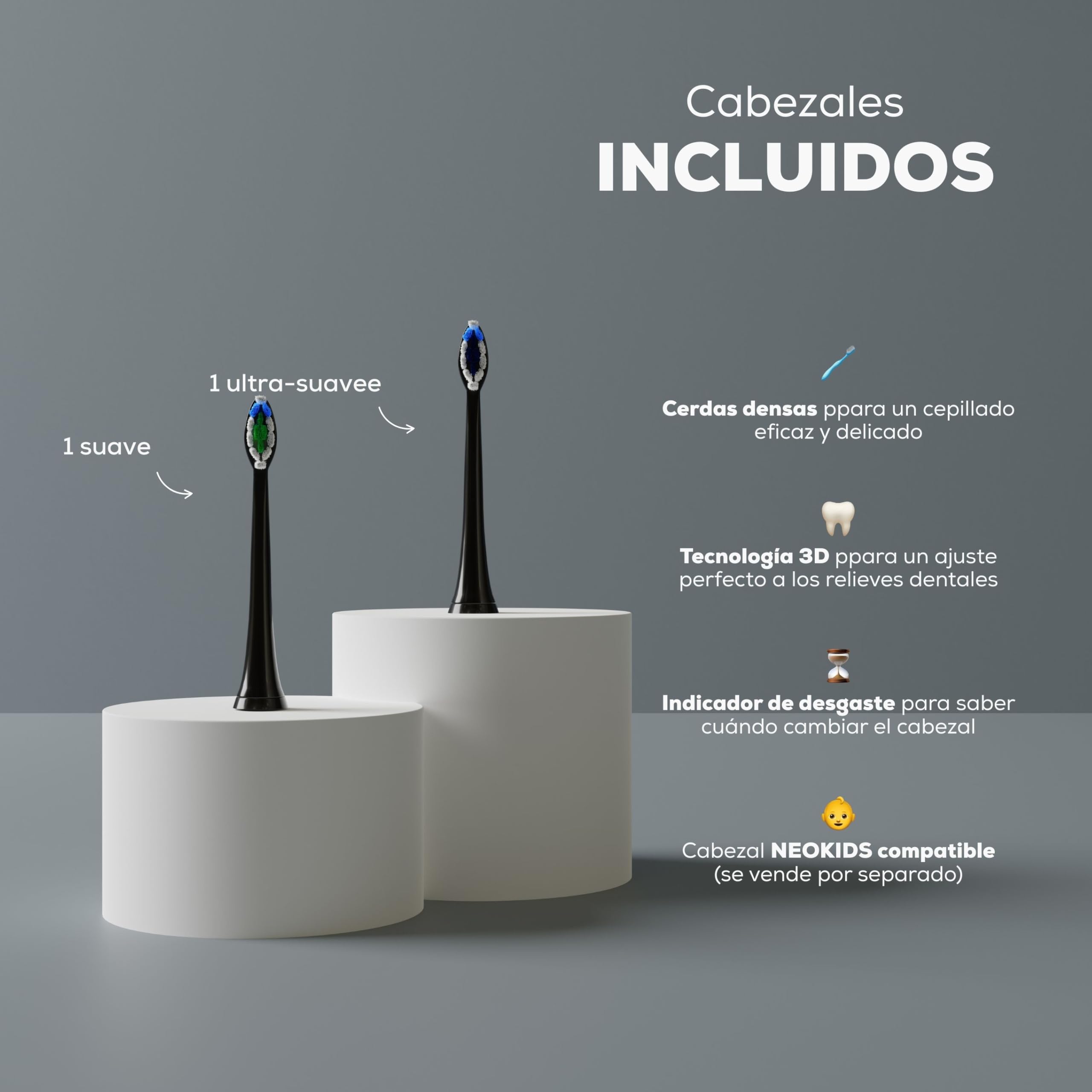 NEOPULSE NEOSONIC® – Cepillo de Dientes Eléctrico Sónico, 50.000 Vibraciones/min, 5 Modos y 15 Intensidades, Temporizador 2 min, 3 Meses de Autonomía, Carga USB-C, 2 Cabezales Incluidos, Negro