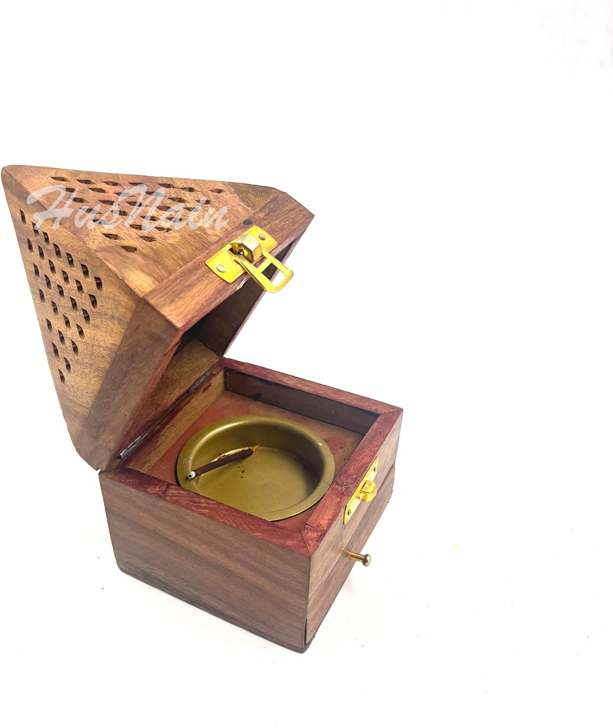 HusNain Wooden Handmade Incense Holder | Temple Decoration | Pyramid Incense Box Fragrance Stand Holder Agarbatti Dhoop Holder | Ash Catcher Home | Mandir Item (3.5 inch) (2)