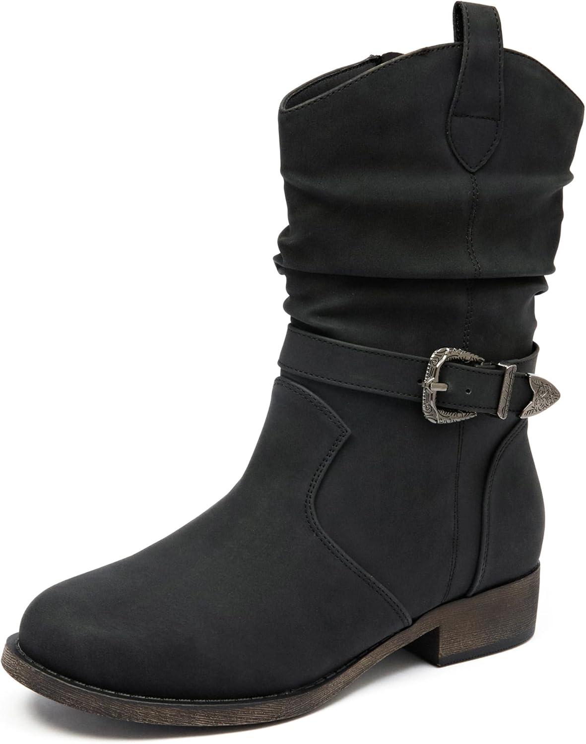 Veittes Women's Mid-Calf Cowboy Cowgirl Boots with Low Chunky Heel, Side Zipper, Motorcycle Style, Classic Round Toe,Fashion Western (Black/Dark Brown/Grey) Boots
