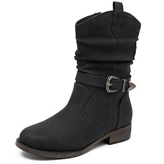 Veittes Women's Mid-Calf Cowboy Cowgirl Boots with Low Chunky Heel, Side Zipper, Motorcycle Style, Classic Round Toe,Fashion Western (Black/Dark Brown/Grey) Boots - Amazon product rated Grade A
