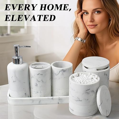 Miniatura 8 de Juego de accesorios de baño de 6 piezas, juego organizador con dispensador de jabón, juego de soporte para cepillos de dientes, bandeja de tocador,