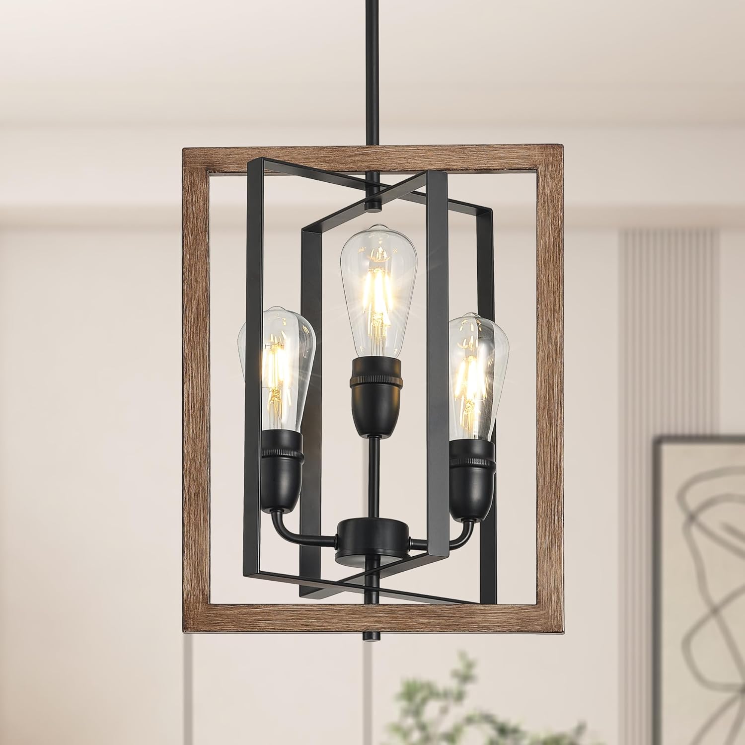 3-Light Chandelier for Entryway, Modern Farmhouse Chandelier for Foyer Bedroom Light Fixture, Rustic Hanging Lights for Dining Room Living Kitchen Island, Adjustable Black and Imitation Wood