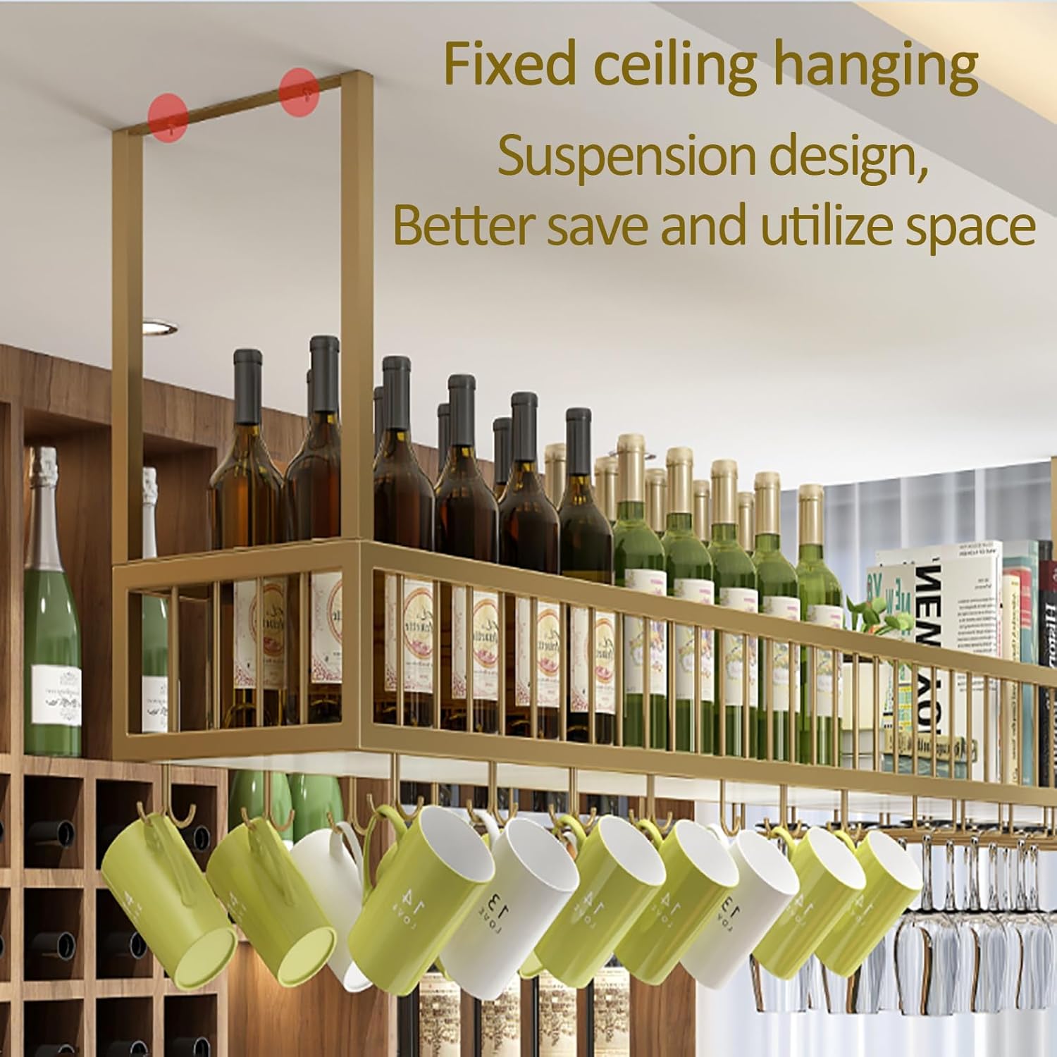 Ceiling Wine Glass Rack,Bar Floating Shelf,Large Capacity Hanging Wine Rack Cabinet with Glass Holder,Wine/Dish Storage Display Rack,Vintage Home Decor Racks for Cafe Kitchen Wine