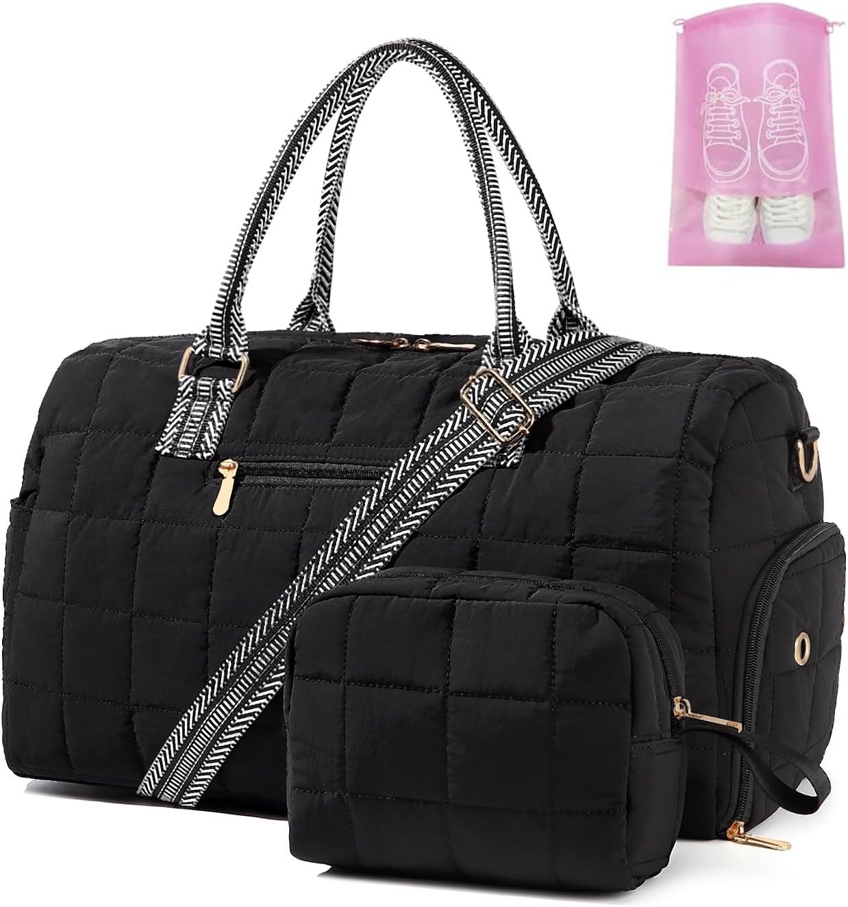 女性用トラベルバッグ、ウィークエンダーバッグ、シューズコンパートメント付き。, ブラック-パフィー。