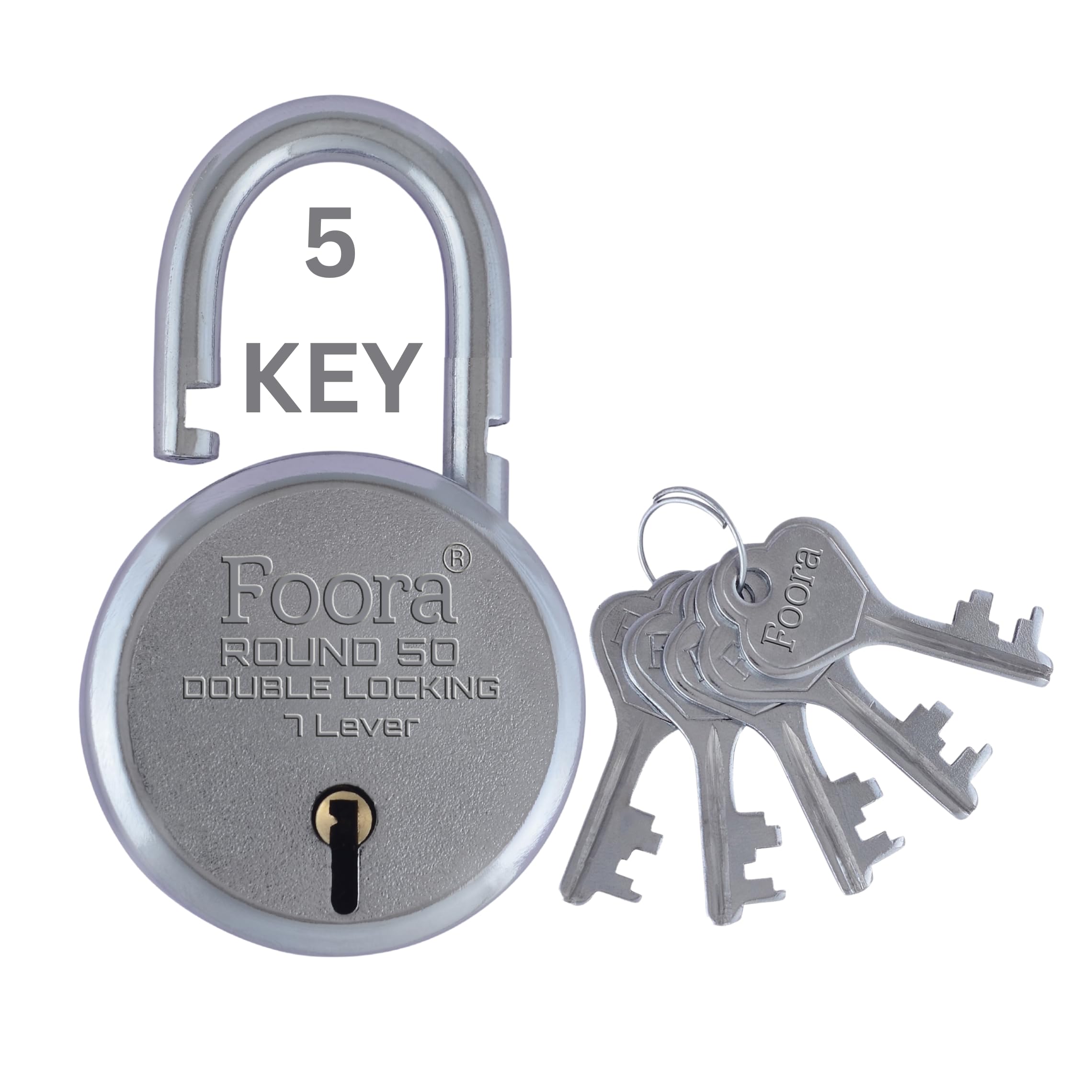 Round 50mm Lock with 5 Keys, Double Locking, 7 Lever Small Padlock – Ideal for Home, Gate, and Door Security