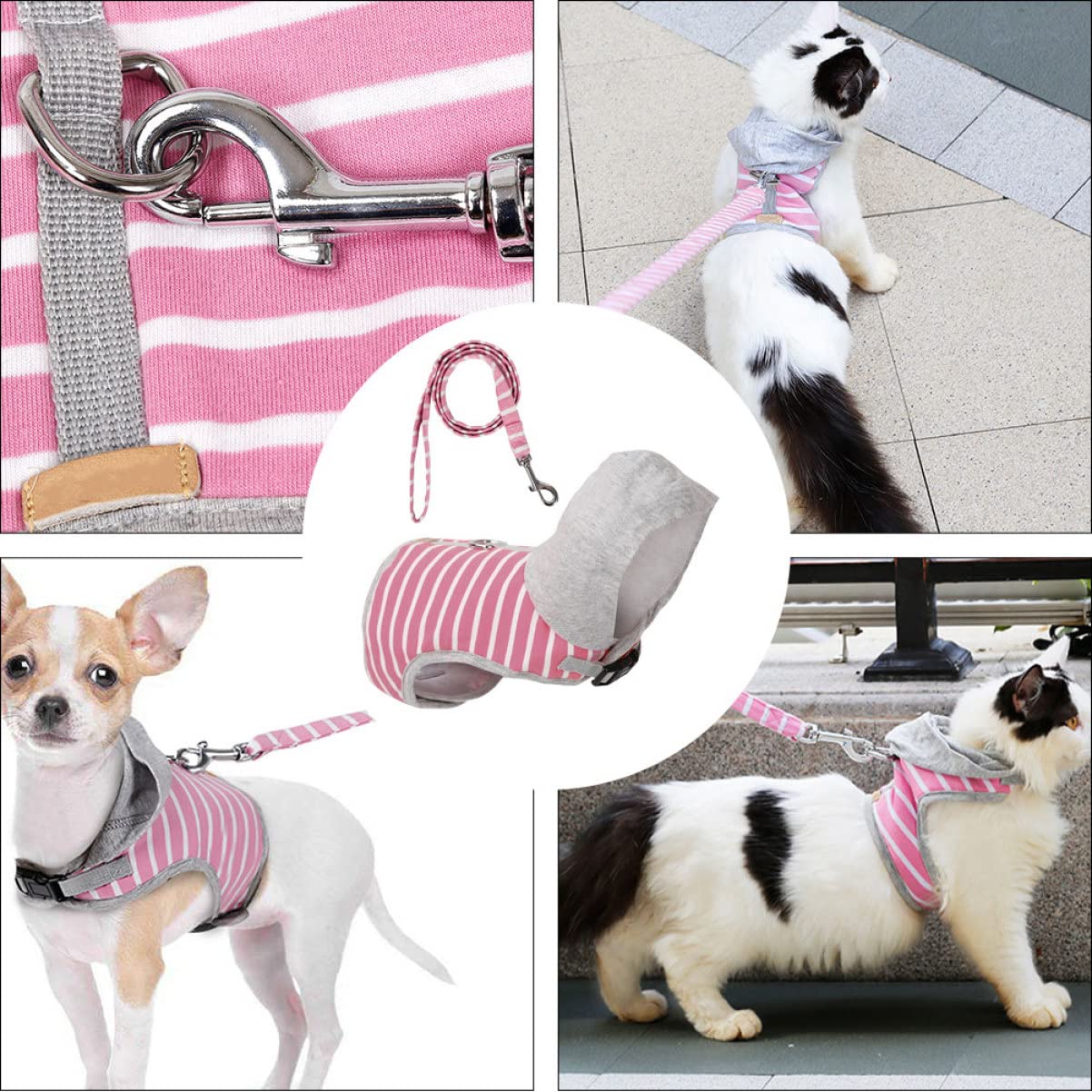 POPETPOP 3pezzi Pettorina Per Gatti Con Guinzaglio Estensibile Vest Stile Stripes Per Passeggiate Sicure e Confortevoli