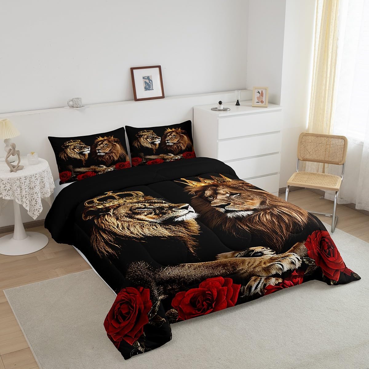 Feelyou Kids Lion Couple Rose Comforter Set King Size, King and Queen Comforter Wild Animal Bedding Set Boys Girls Safari Print Teens Duvet Set Bedroom Decor with 2 Pillow Case