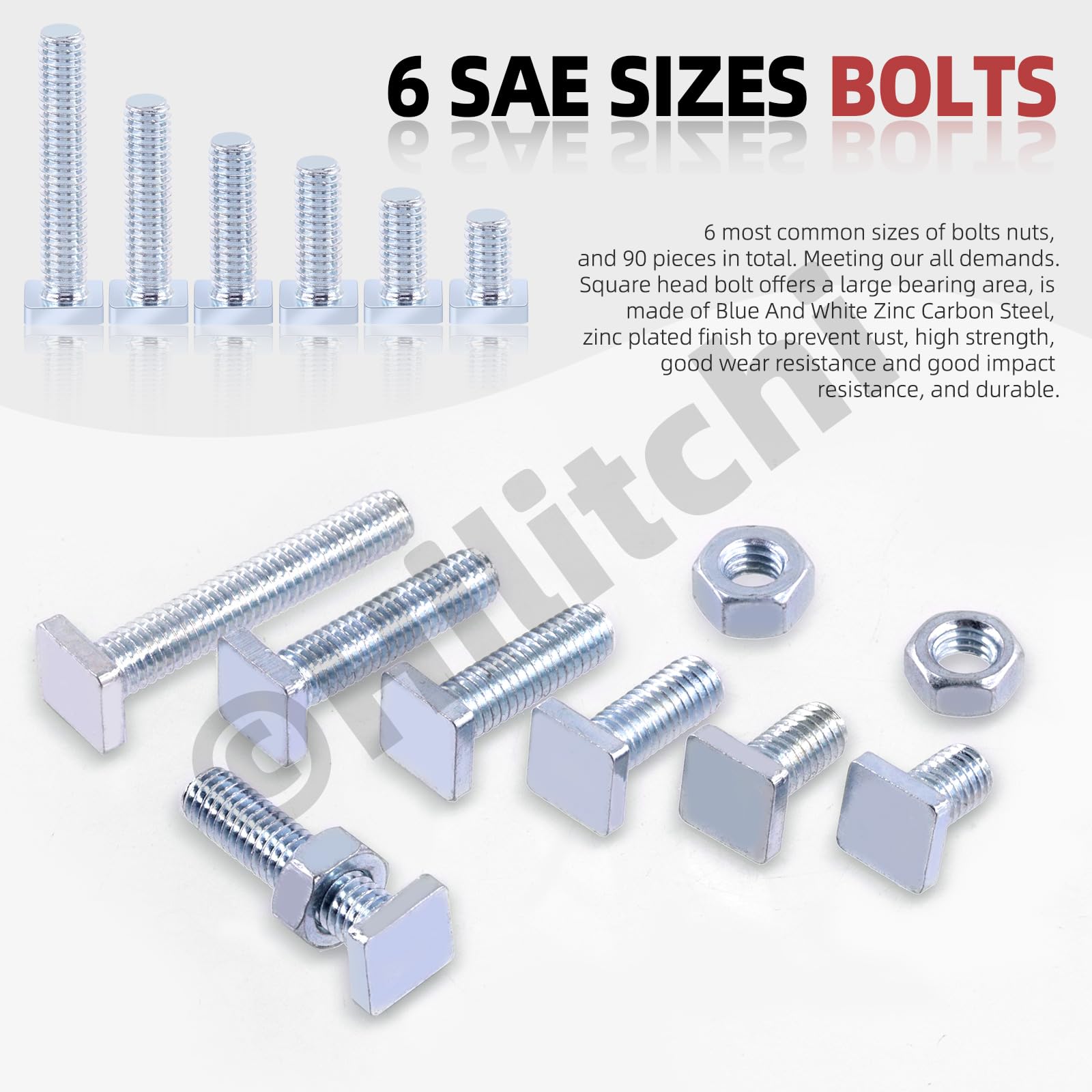 Hilitchi 90PCS 6 Sizes Square Head Bolt Assortment Kit M6 x 10/12