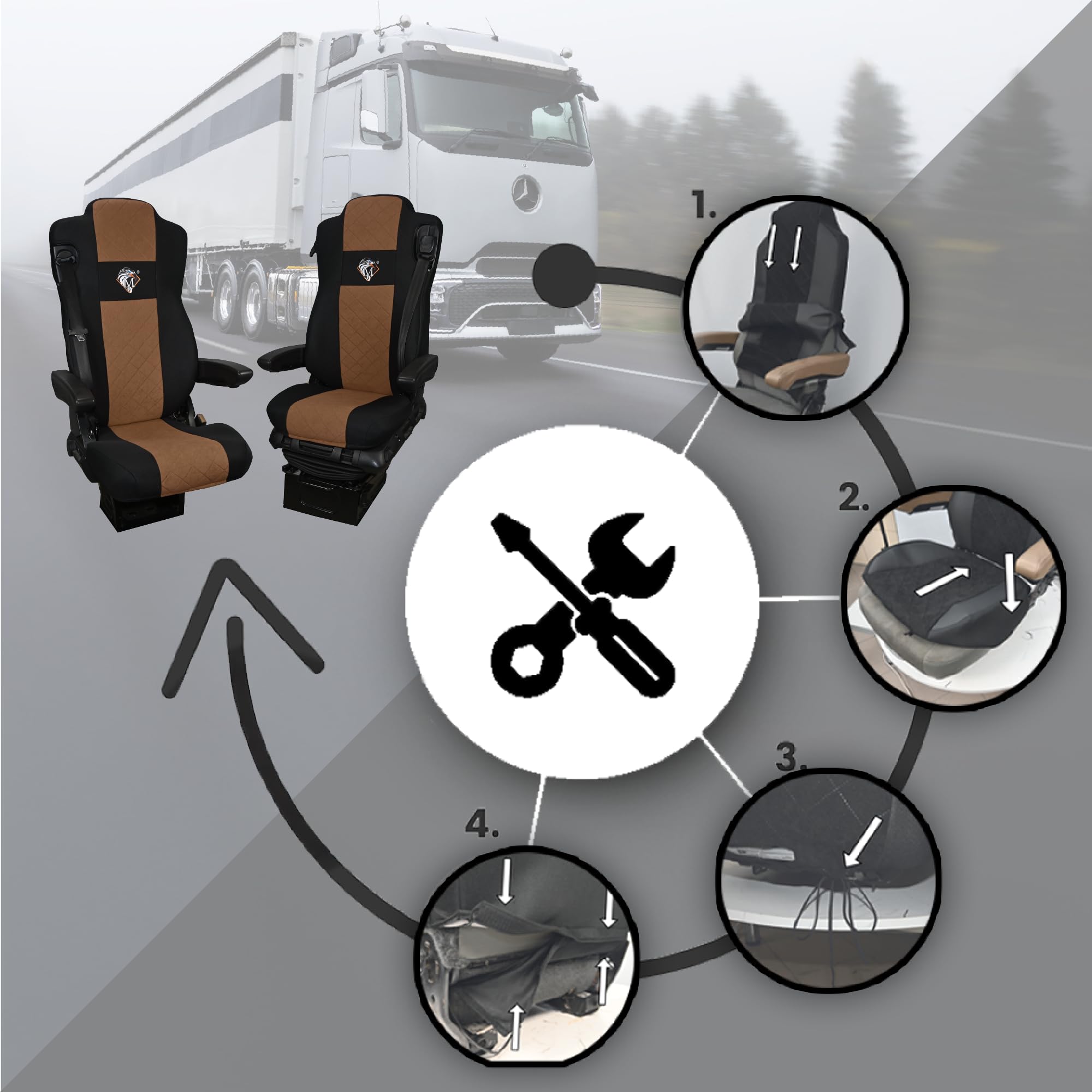 SABA Pokrowce na fotele dla MERCEDES ACTROS L od 2022 2pasy, fotele lotnicze, fotel pasażera nieamortyzowany Brąz Akcesoria do ochraniaczy siedzeń ciężarówek - Ochrona przed brudem
