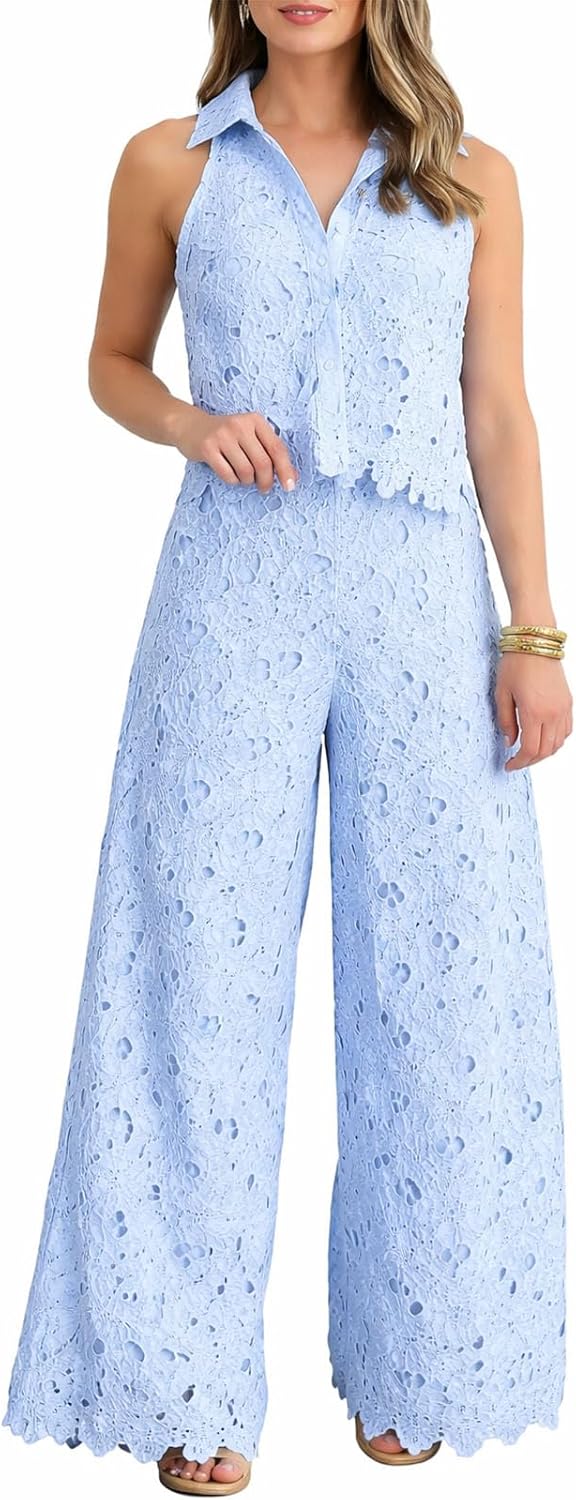 Women's Two-Piece Floral Lace Lapel Vest Top & Wide Leg Pants Set, Sleeveless Hollow Out Vest With Wide Leg Pants