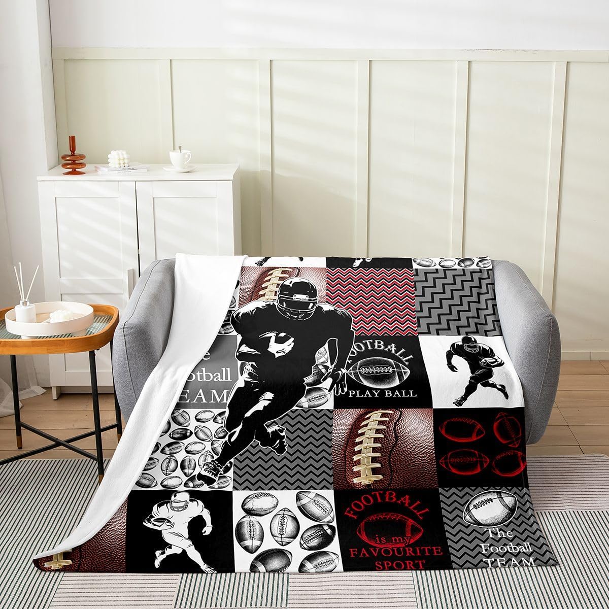 Feelyou Football Fleece Throw Blanket Sports Geometric Black Patchwork Flannel Blanket Plush Fuzzy Rugby Gaming Sports for Bed Couch Chair Living Room Queen 90"x90" Bedroom Decor image 2