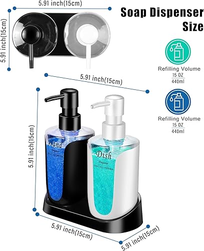 Miniatura 6 de Juego de dispensador de jabón de cocina, contiene dispensador de jabón para manos y platos, dispensador de botellas de doble bomba de jabón negro y